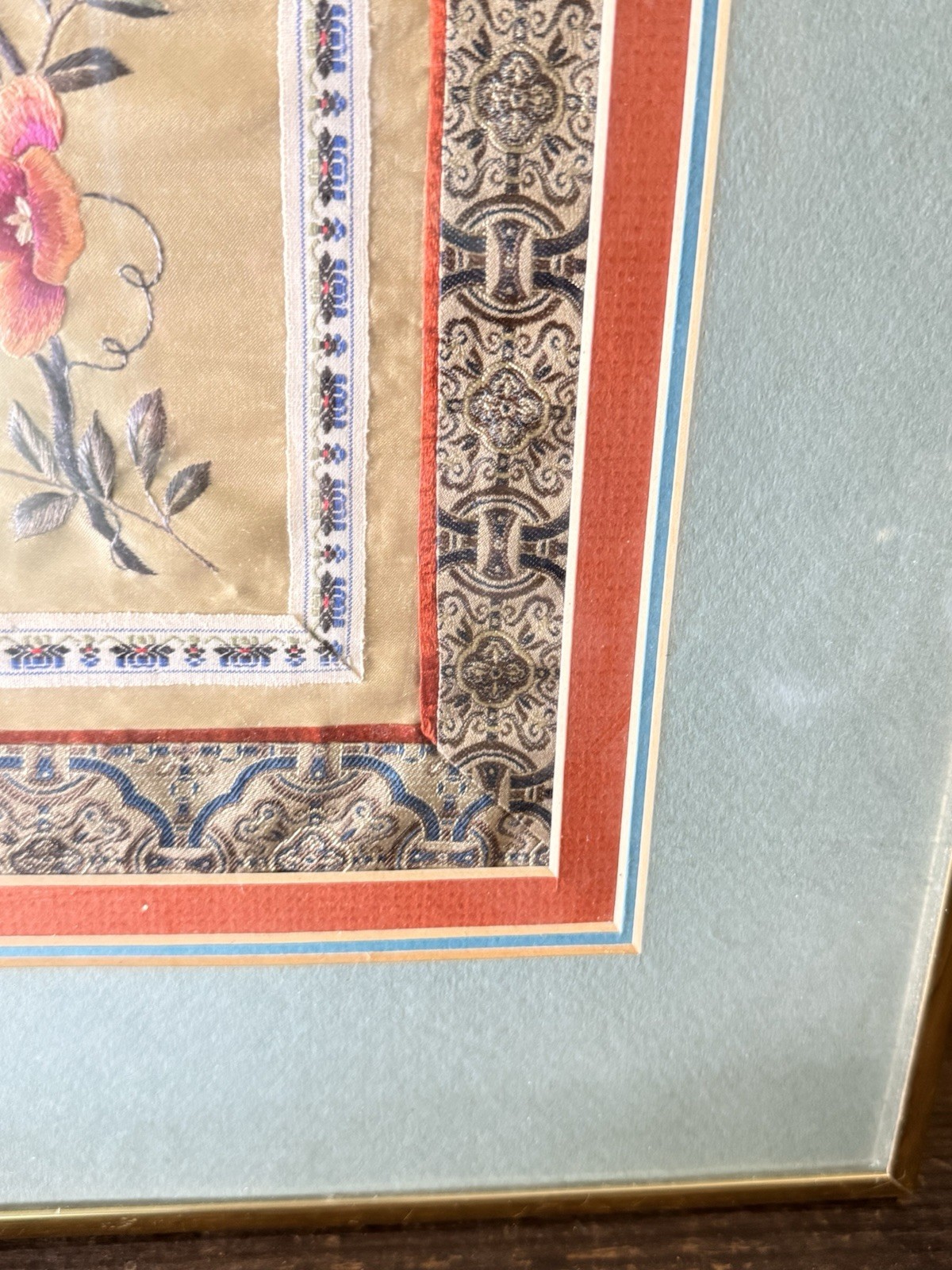 Vintage Chinese Silk Embroidery Double Panel Framed Butterflies Flowers