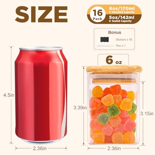 Glass Food Storage Jars Square 6oz, 16 Pack Glass Jars With Bamboo Lids, 6oz*16