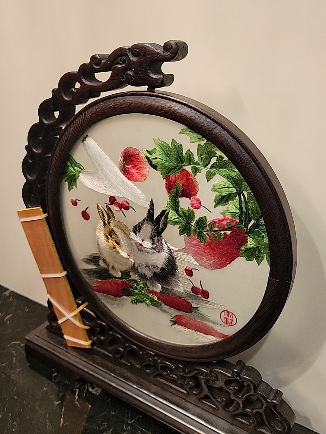 Chinese Silk Embroidery In Spinning Frame With Stand & Silk Box Vintage