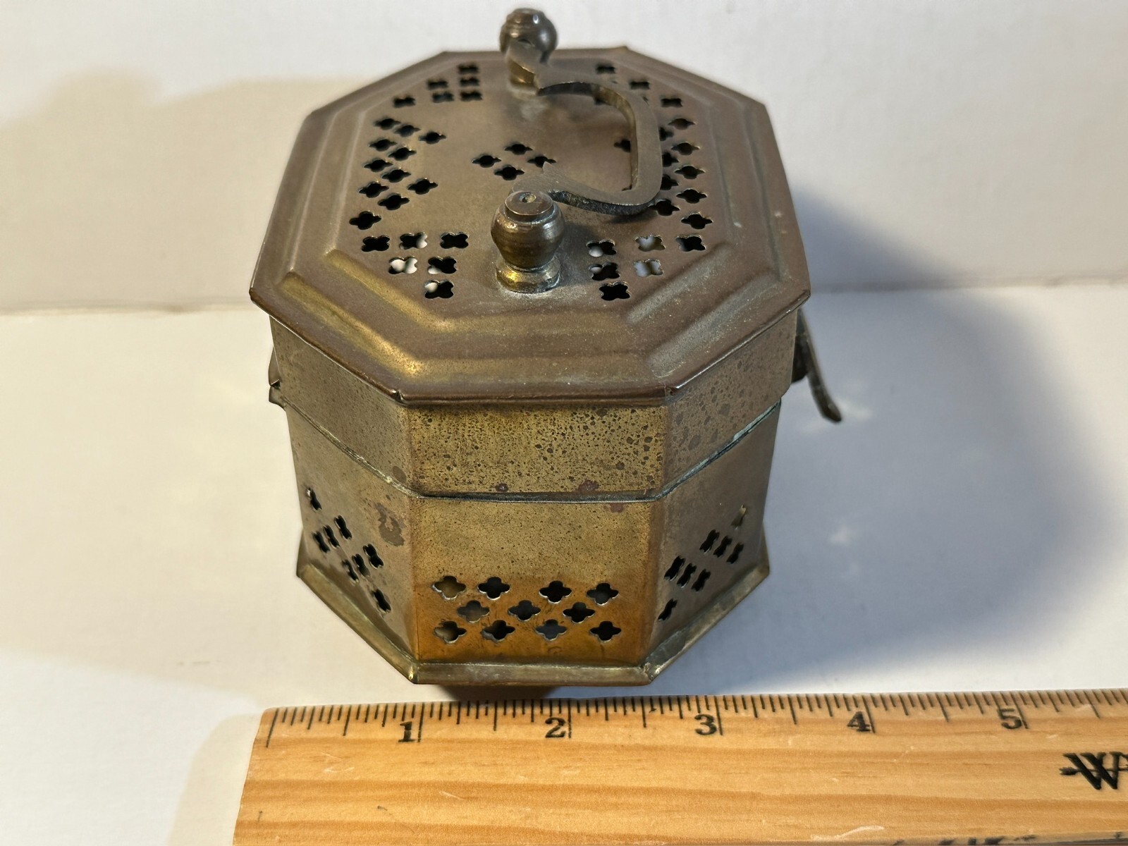 Vintage Brass pierced Cricket Cage. Trinket Box 4.5″ L x 3.25″ W x 3.5″ T