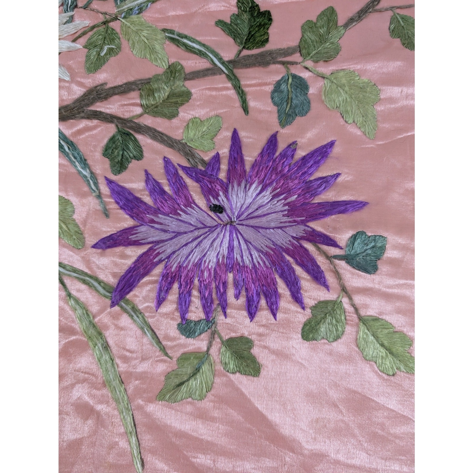 Vintage Chinese Hand Embroidered Floral & Butterfly Silk Textile 23x18in