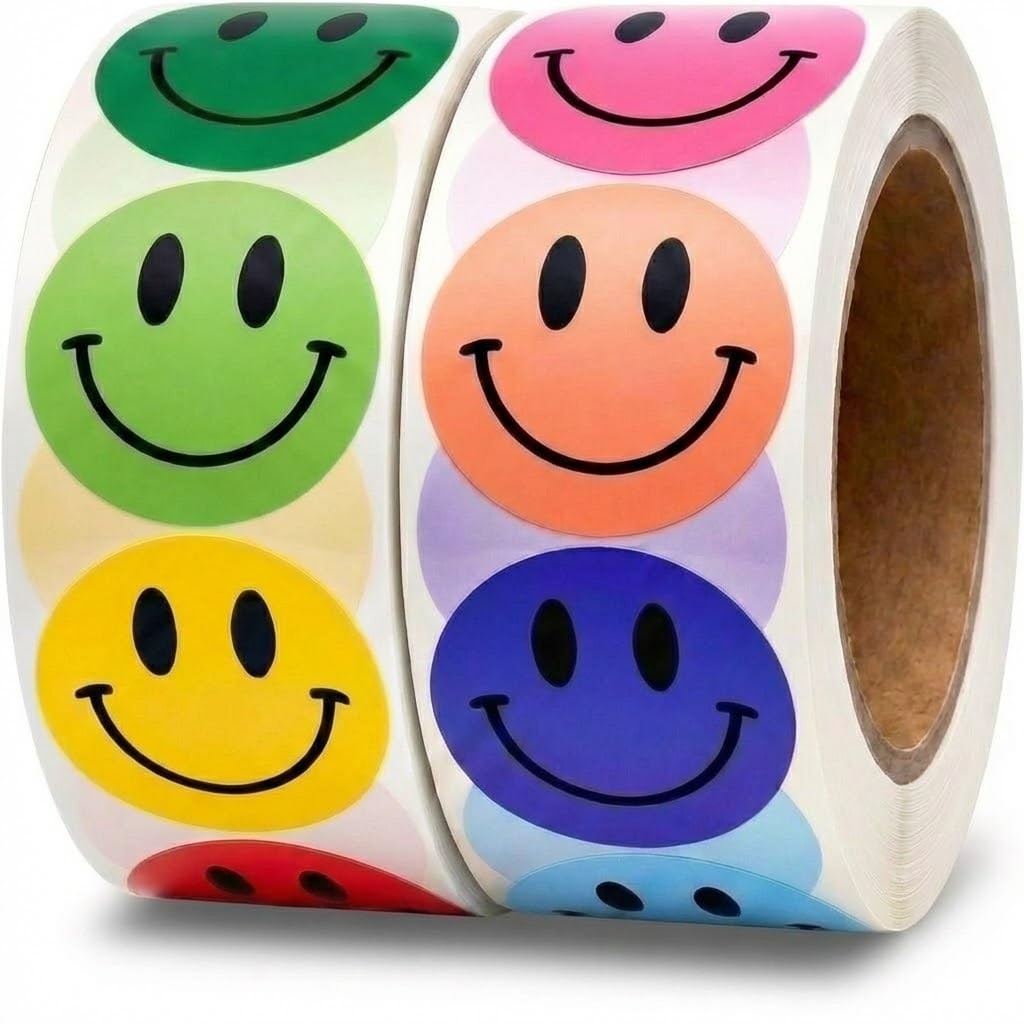 1000PCS Multi-Color Smiley Face Stickers 1 Inch – 2 Rolls of 500 Happy Face L…
