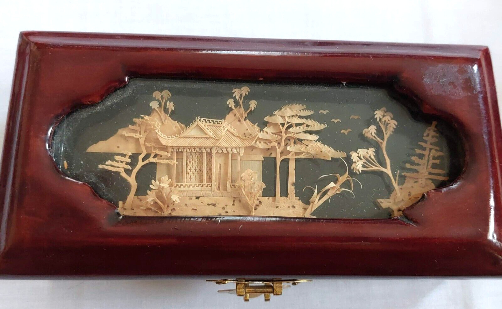 VTG San You Asian Jewelry Wood Box Diorama Cork Art Pagoda Scene Brass Lined