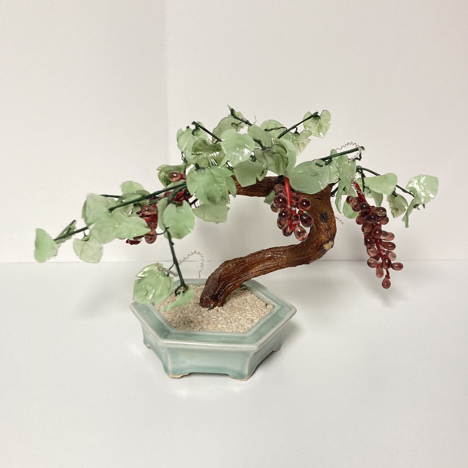 Vintage Oriental Glass Bonsai Grapes Tree in Celadon Pot 15″ x 12″ x 9″