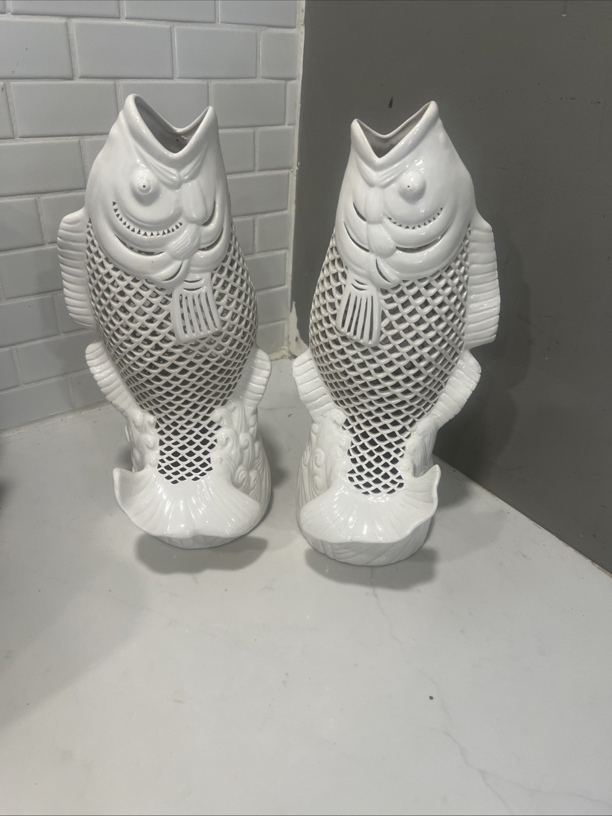 Vintage 1950s Reticulated Porcelain Blanc De Chine Fish Sculpture Pair 14” Large