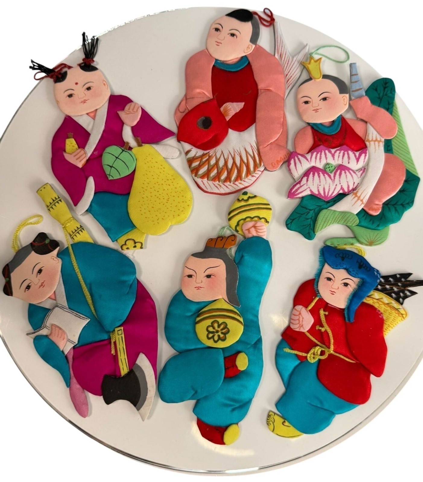 Set Of 6 Vintage Chinese Silk & Cardboard Ornaments Folk Figures 6″ No Box