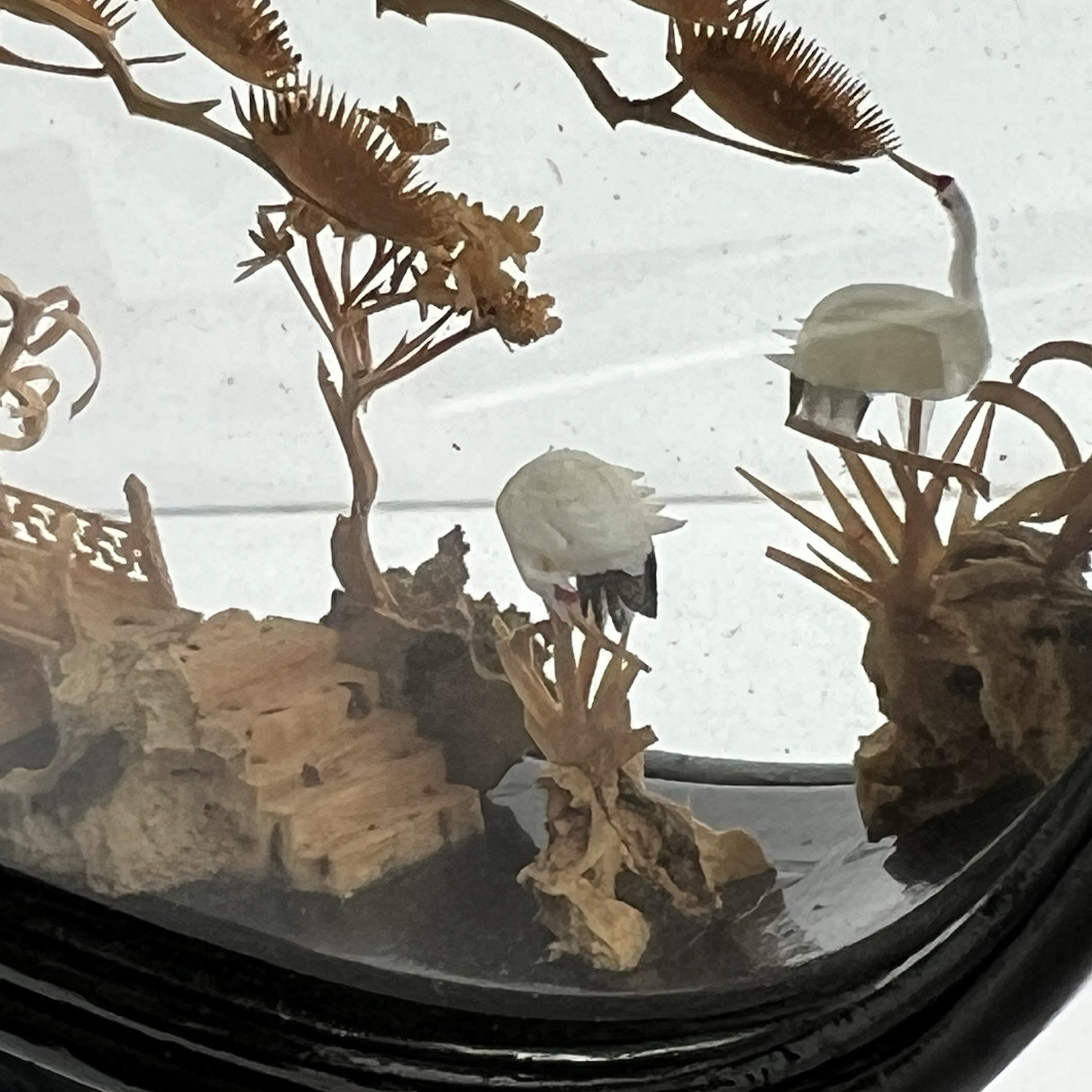 Vtg San Diorama Cork HandCarved W/ Pagoda Trees & Cranes In Glass Case 6X7”