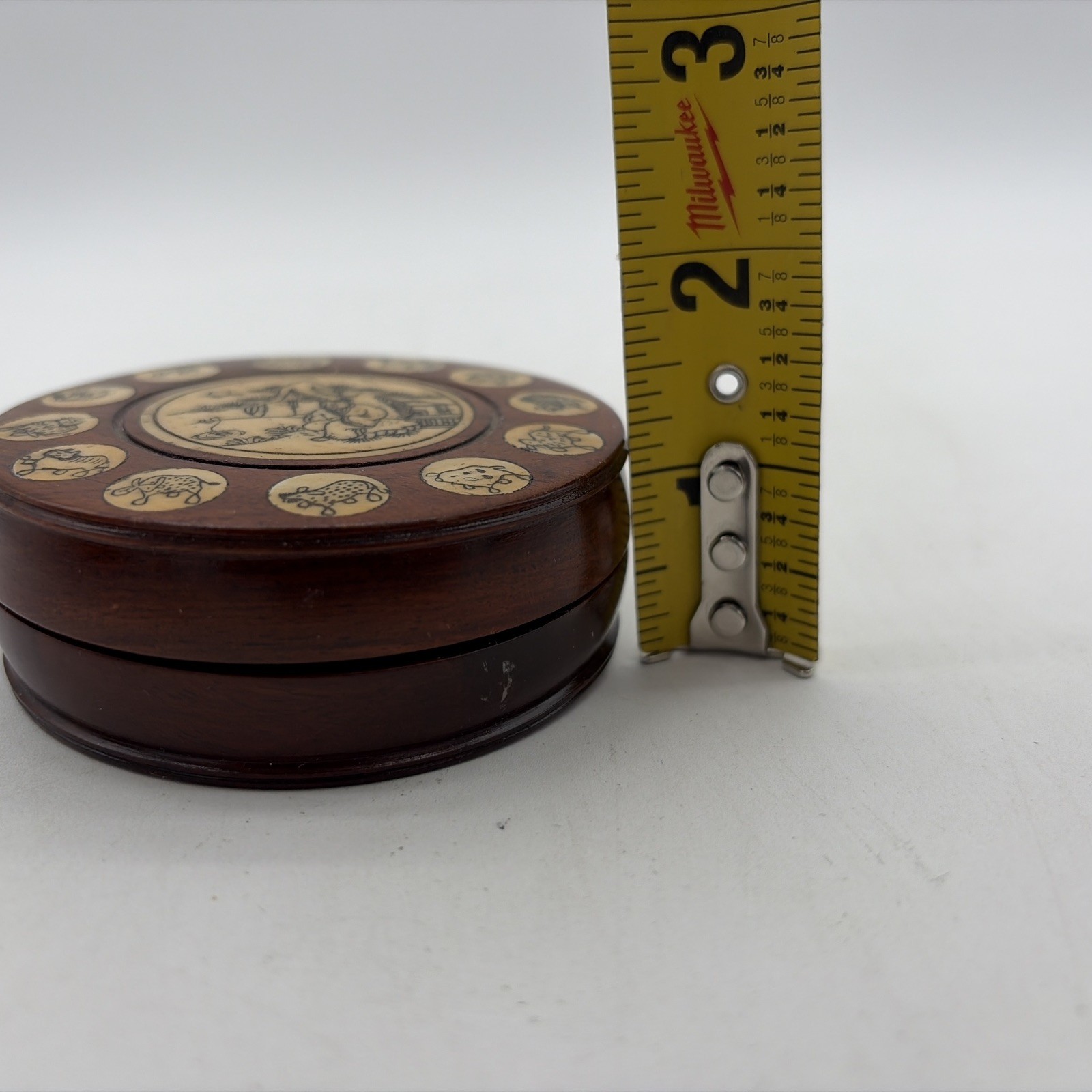 Dark Wooden Chinese Round Compass with Animal Zodiac Inlay Design