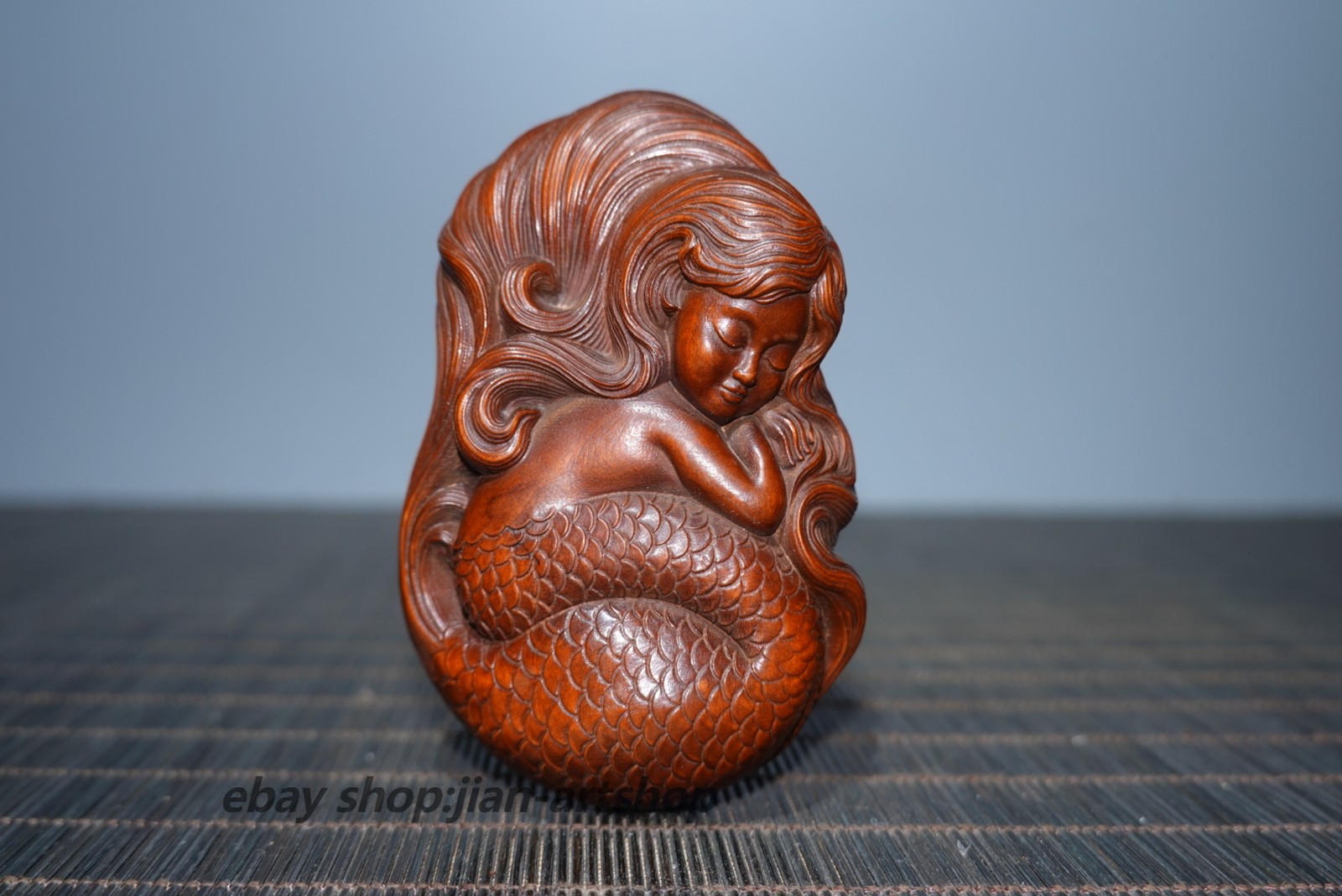 3.1″ Collect China Box-wood Carving Mermaid Pocket Figurine Handheld Statue