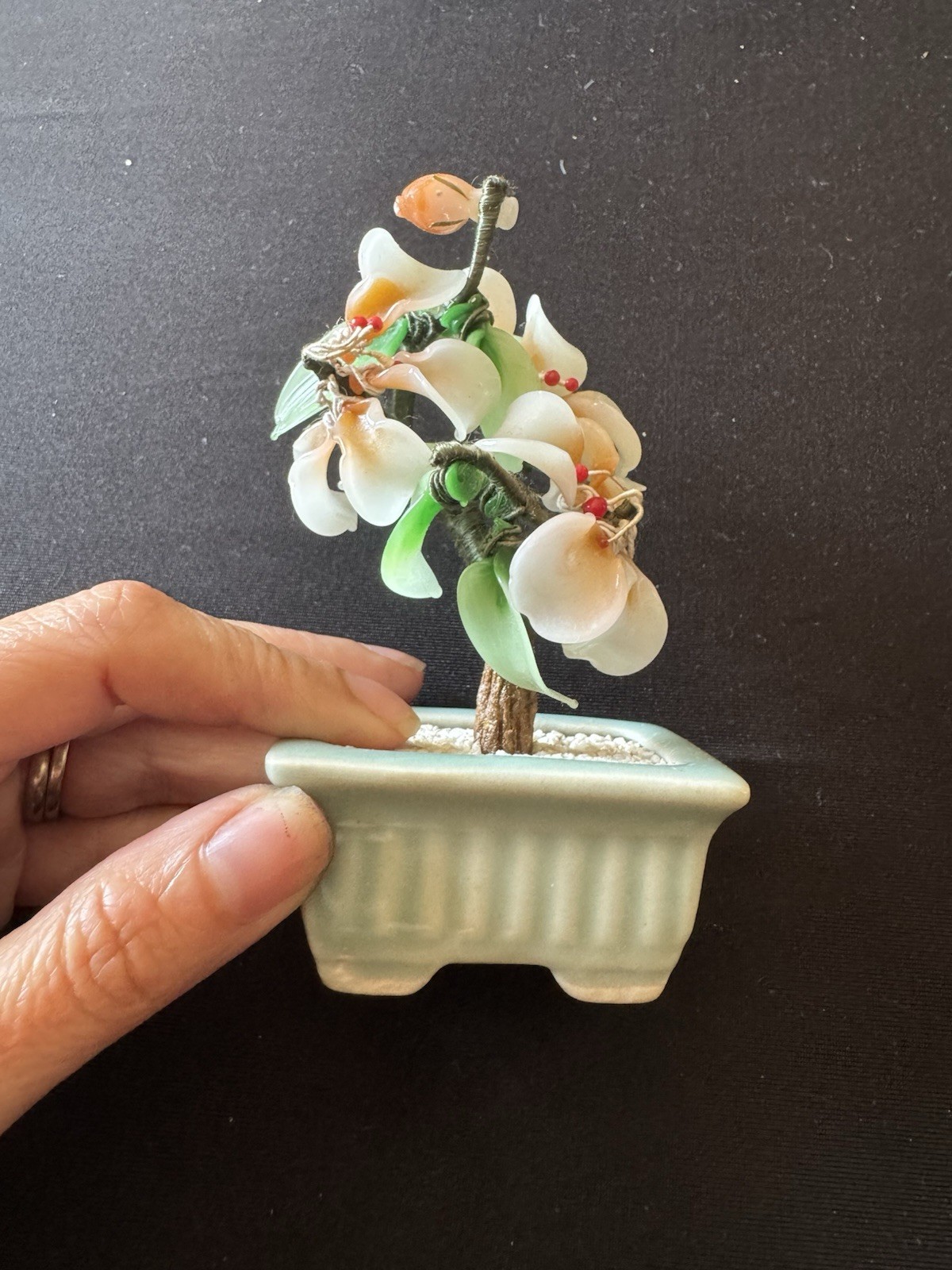 Vintage Glass/Jade Bonsai Tree Dark Green Leaves Peach Flowers Green Base