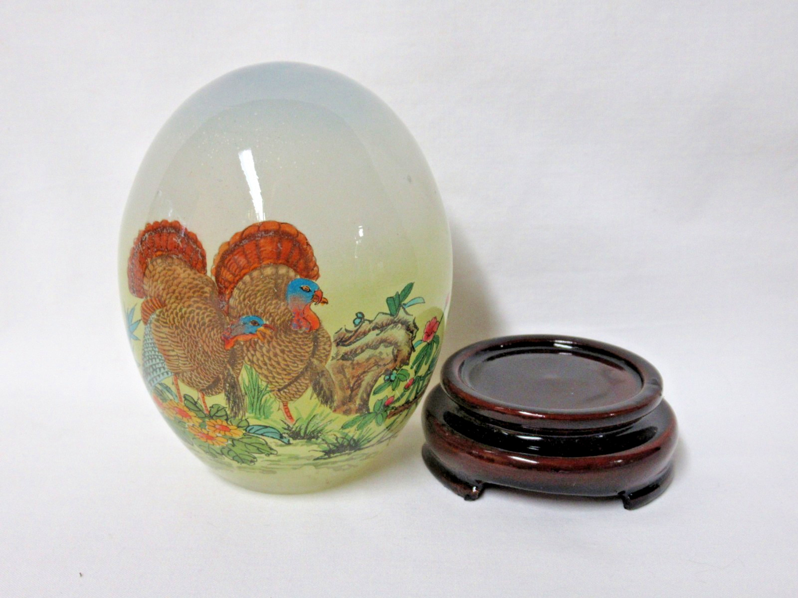 VINTAGE ORIENTAL ASIAN REVERSE HAND PAINTED GLASS EGG & STAND IN ORIGINAL BOX