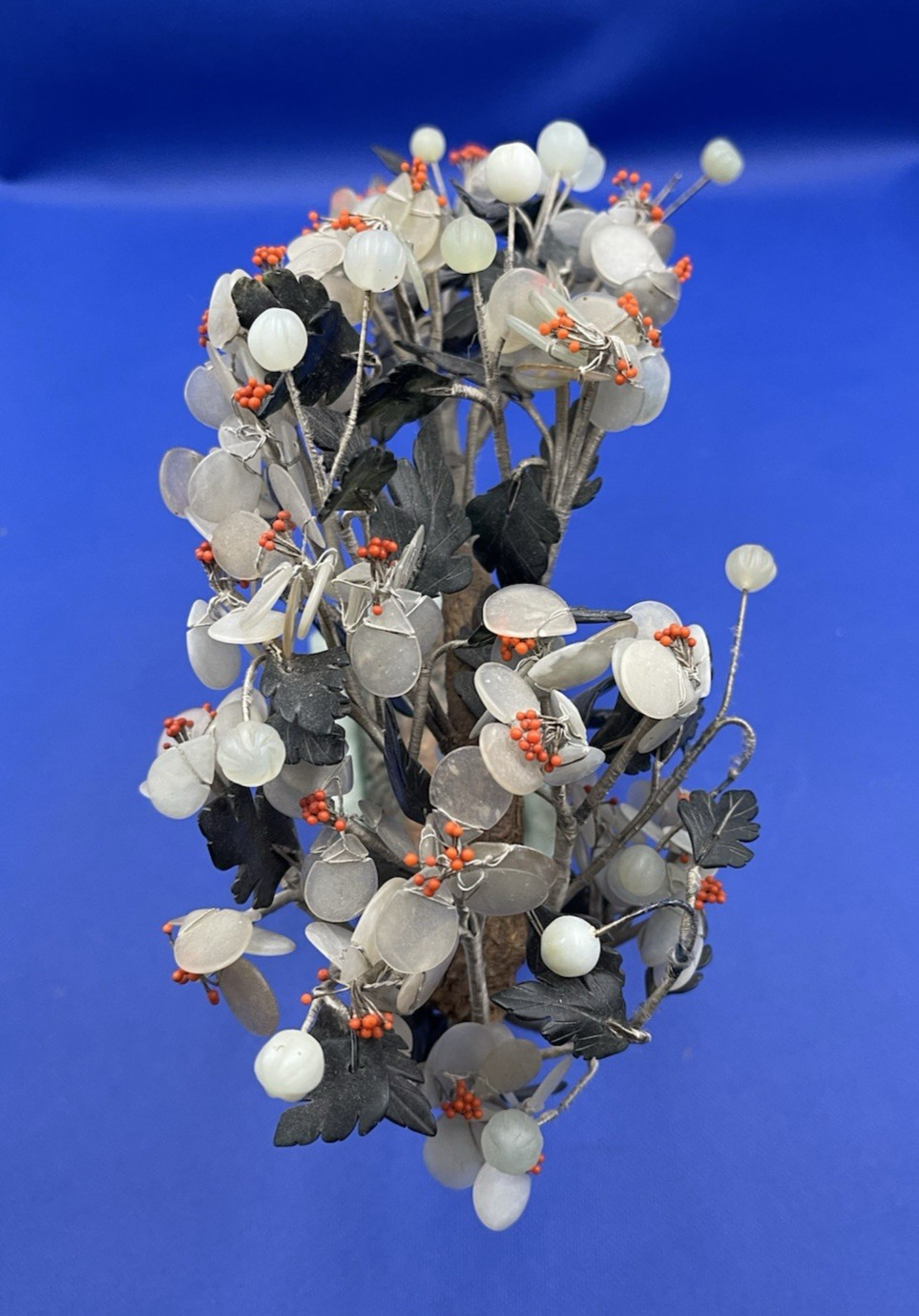 Vintage Large Chinese Jade Base Gemstone Flowers Bonsai Tree Sculpture 989