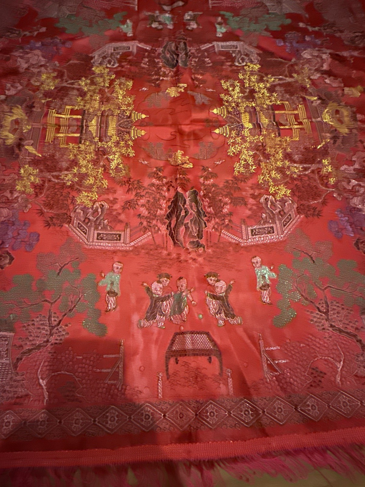 Vintage Brocaded Flowers Chinese Silk Tapestry Table Cloth 38” X 38”