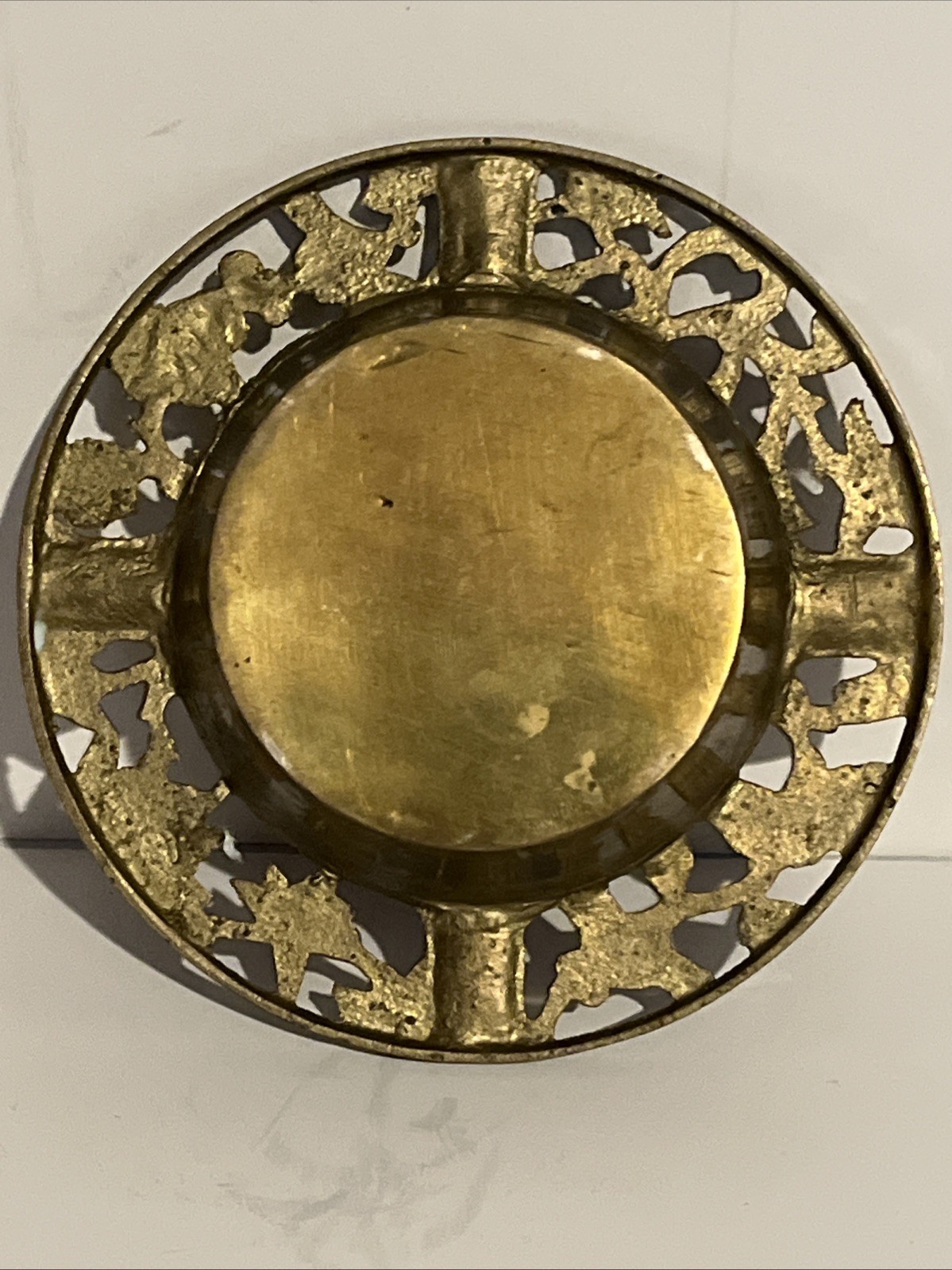Vintage Chinese Brass Red Enamel Ashtray flower cutouts 5″ diameter X 1″