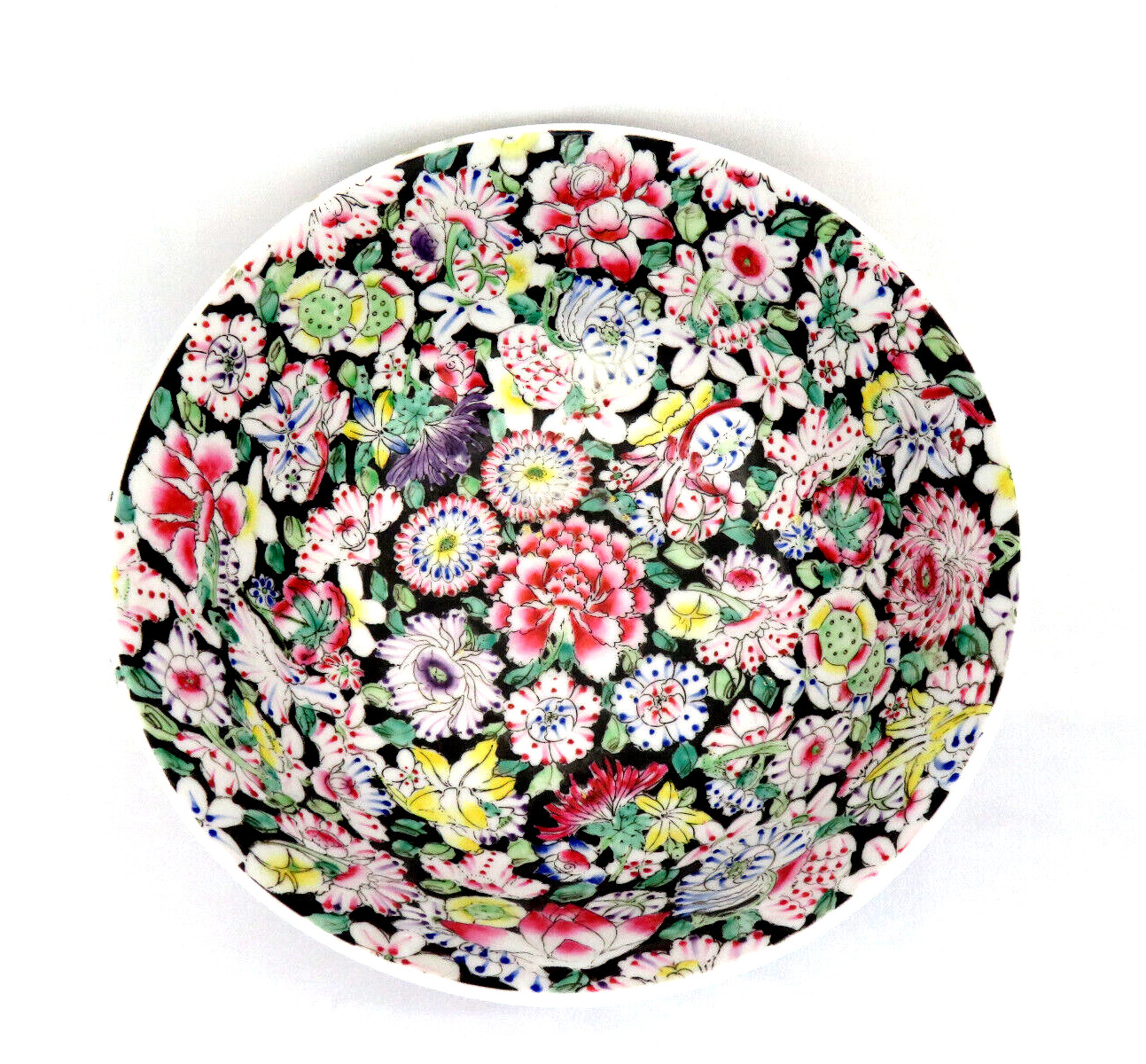 Famille Rose Mille Fleur Black Noire Thousand Flowers Centerpiece Bowl 10″ D