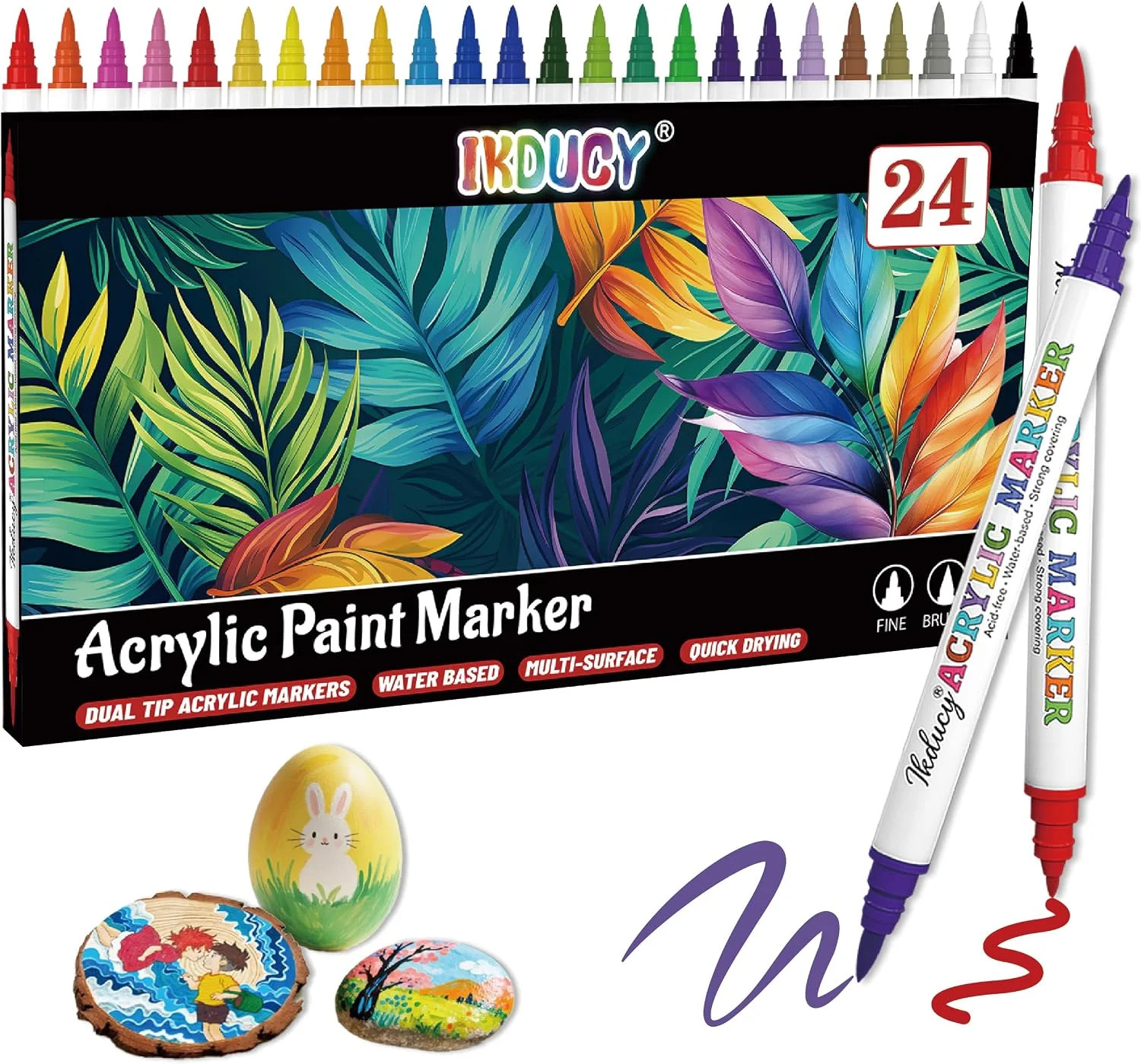 24 Acrylic Paint Markers – Paint Pens for Drawing, Brush + Fine Tips – for Fabri