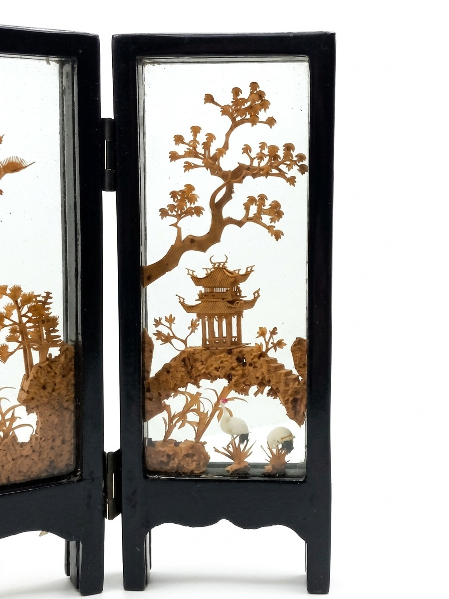 Vintage Chinese Cork Diorama Folding Screen Carved Art Lacquer Wood 3 Panel
