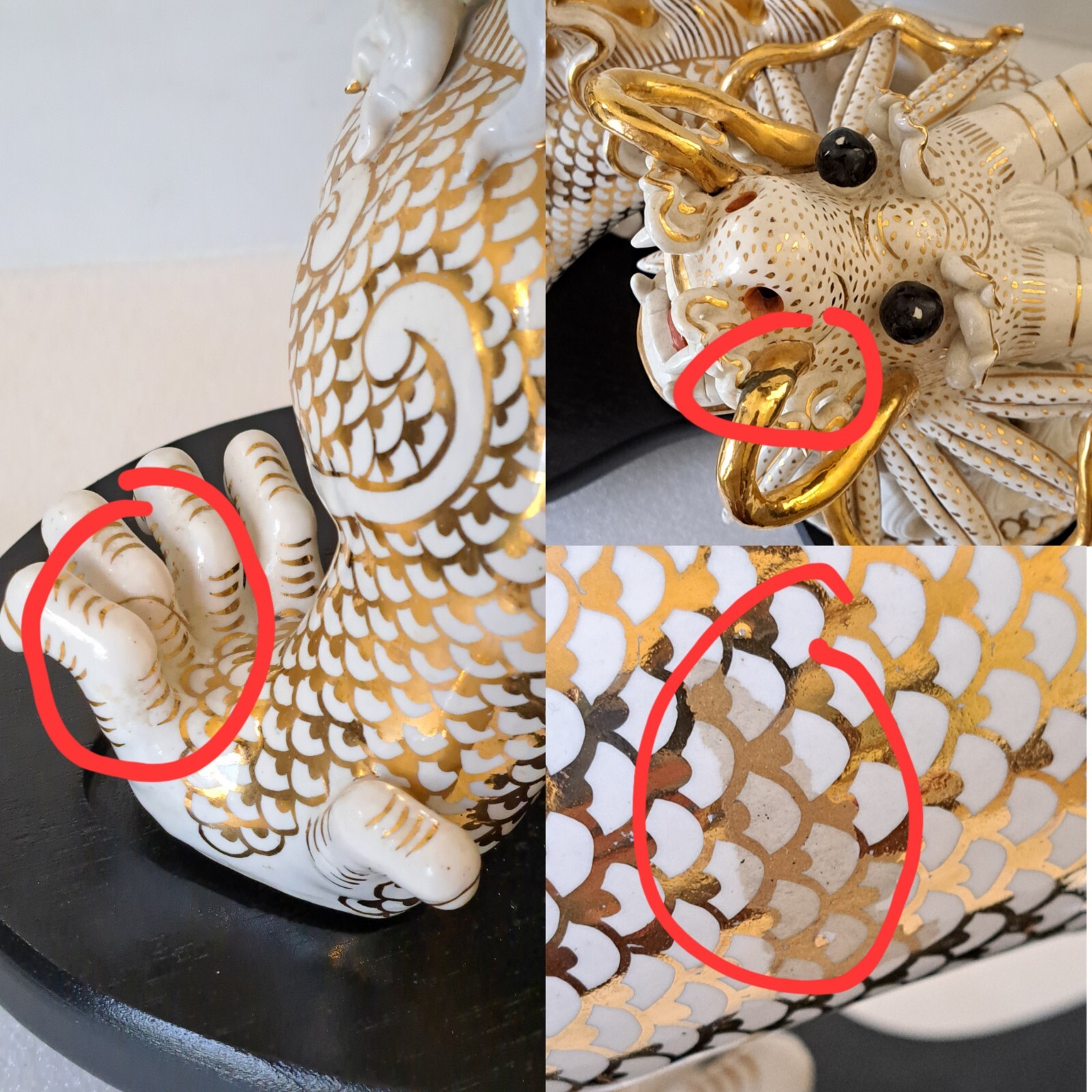Vintage White/Gold Ceramic Dragon Feng Shui Sculpture 1950s Chinese Zodiac Décor