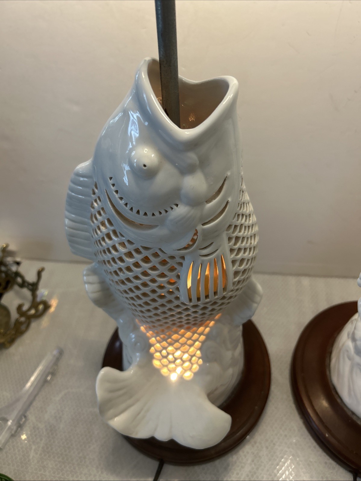 2 Reticulated Porcelain Lamps Blanc De Chine White Koi Carp Fish Japan Vintage