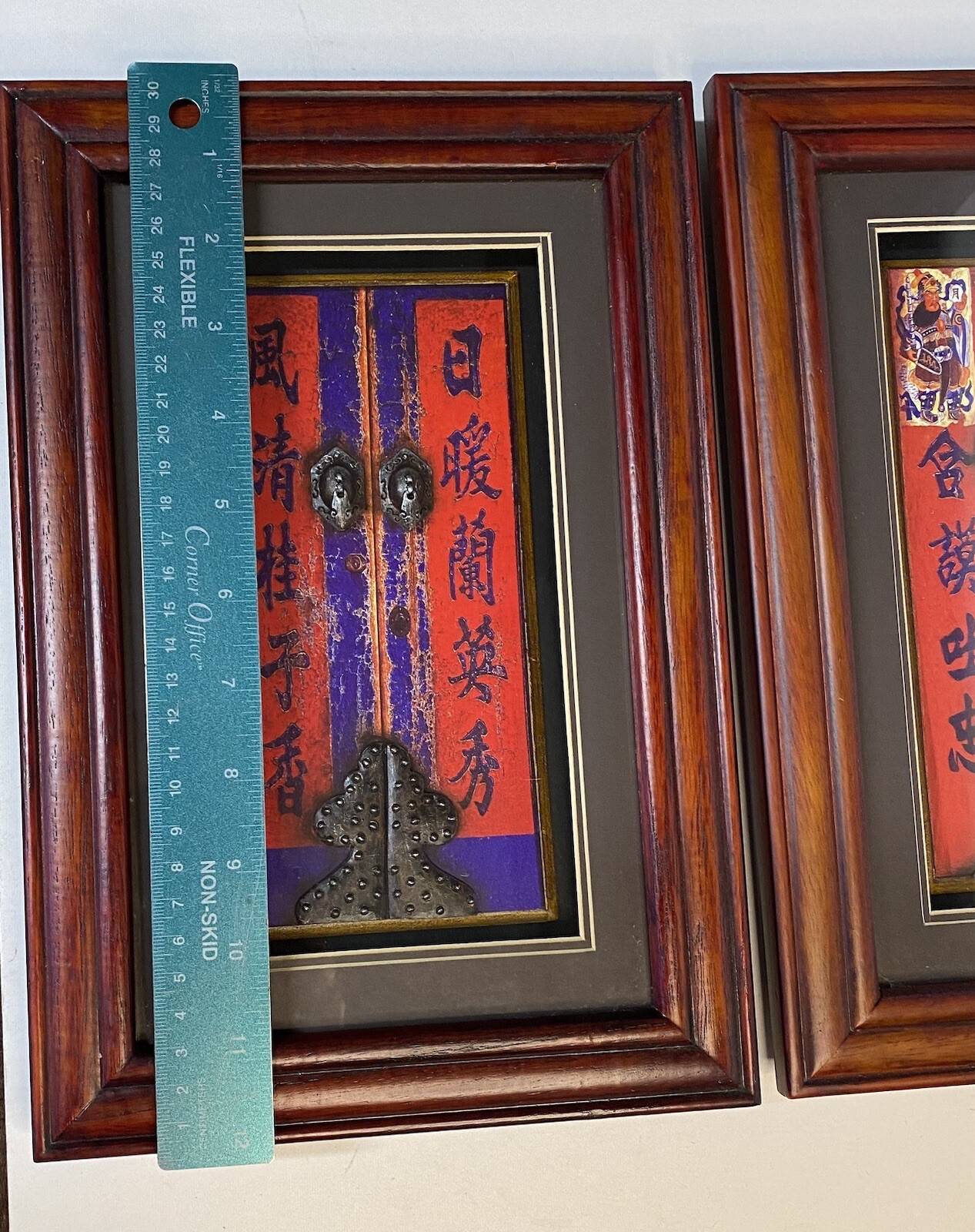 Set Of 2 Vintage Chinese Door Art Diorama 3 D Wood Framed Reds, Purples 8 X 12