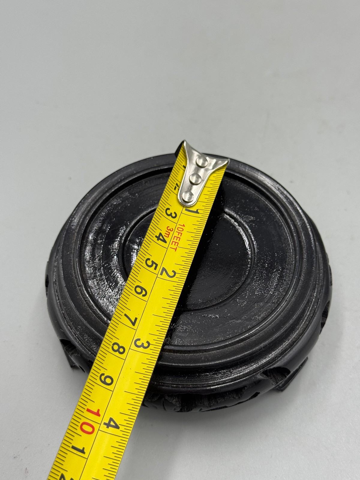 Vintage Chinese 20th c. Carved Black Lacquer Round Wooden Wood Stand 2.75”