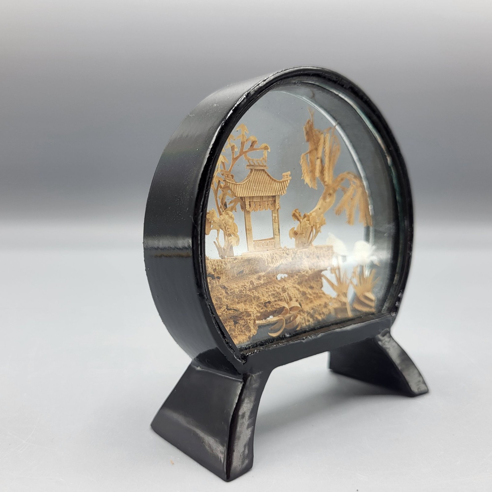 Vintage Chinese Landscape Cork Diorama Glass Dome Black Stand SMALL 3.5″ x 3.25″