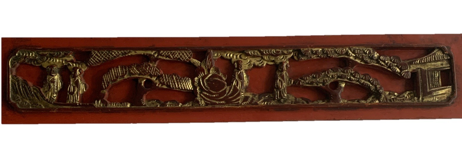 Chinoserie Hand Carved Wood Red Gilded 3D Relief Pagoda People Tree Garden Panel