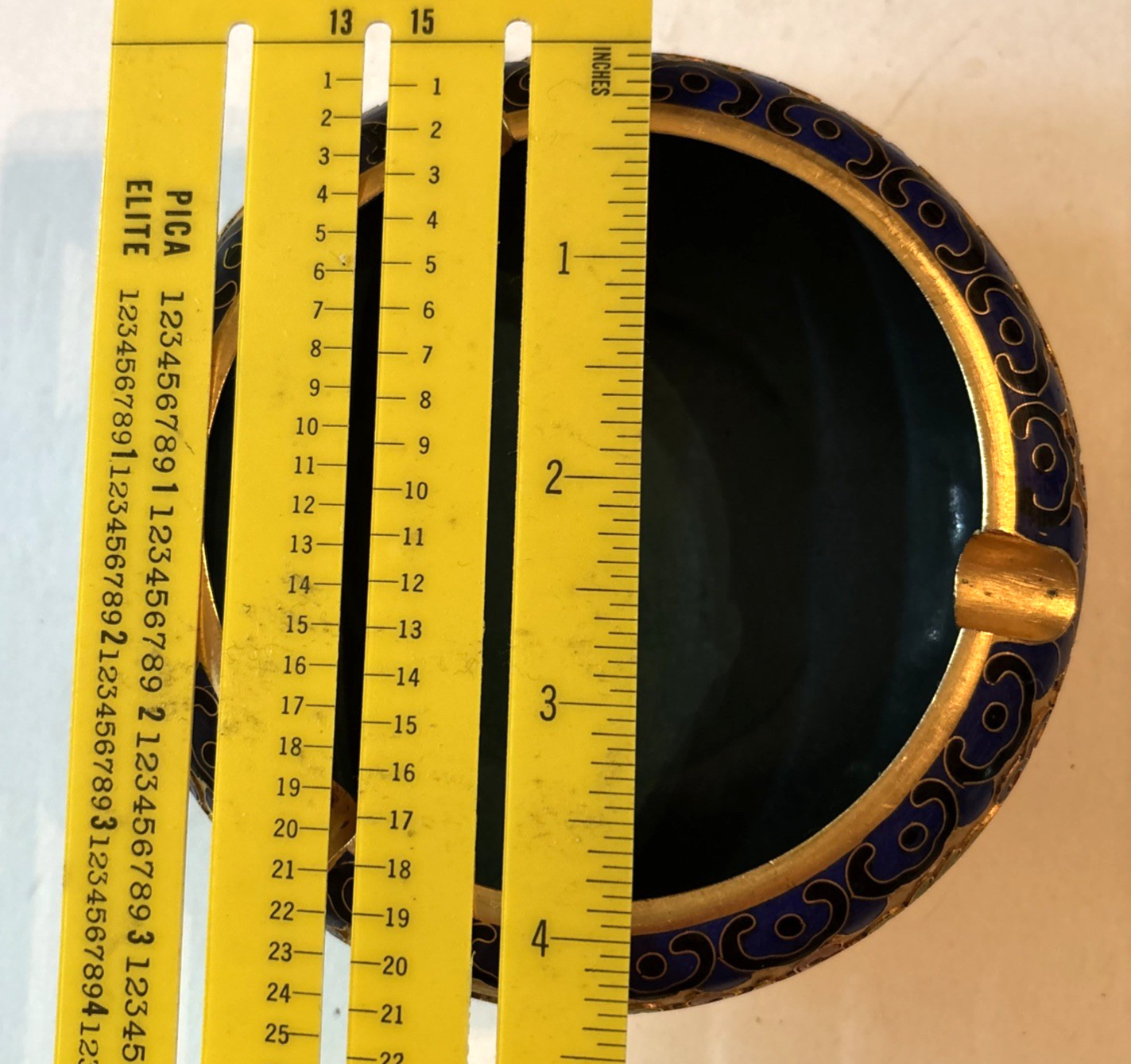 Vintage Chinese Cloisonne Enamel Ashtray Lotus Flowers Teal Gold MCM 4.5” Ornate