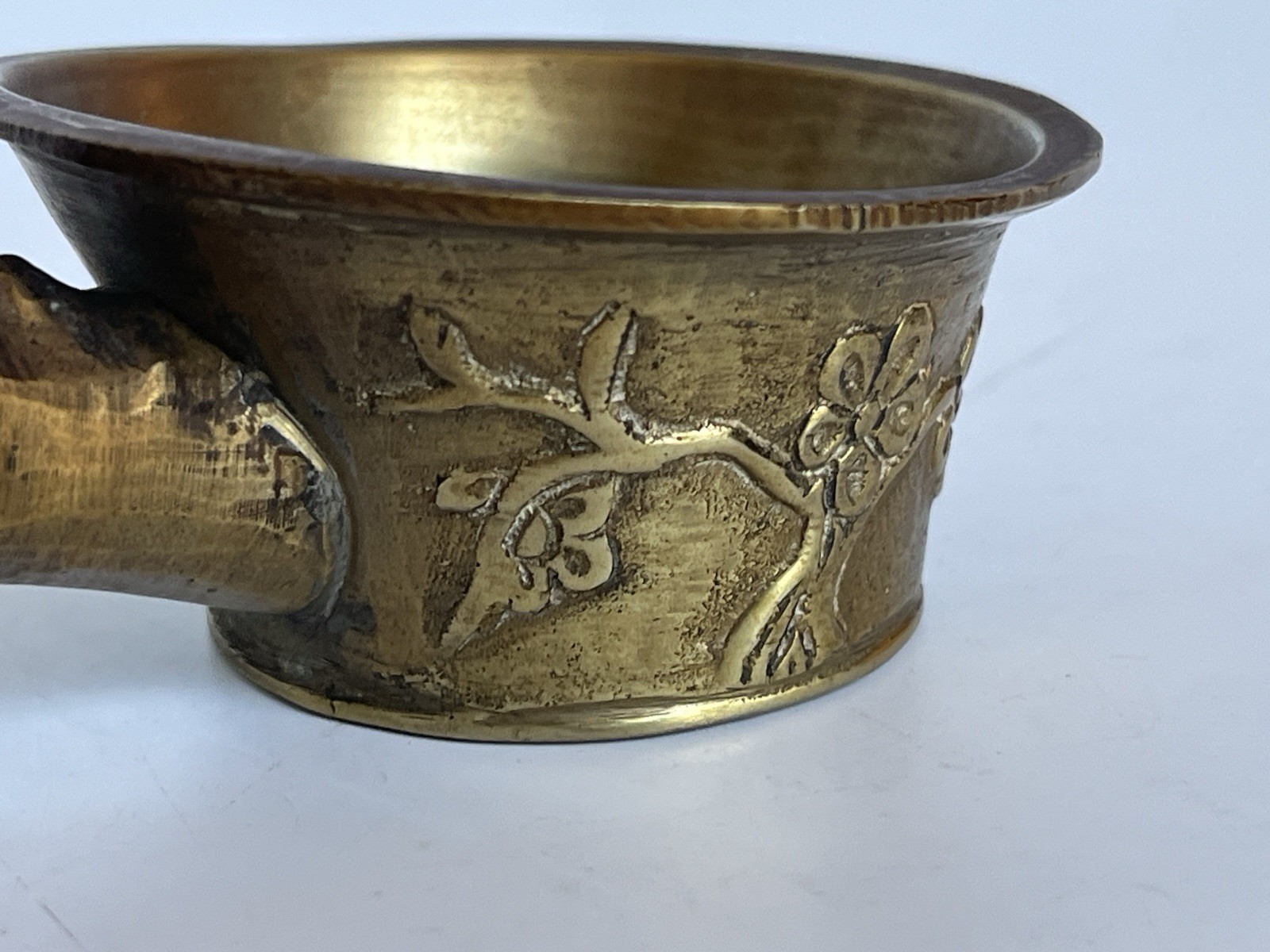Vintage Brass Chinese Silk Coal Iron Floral Design Enamel Insets on Handle