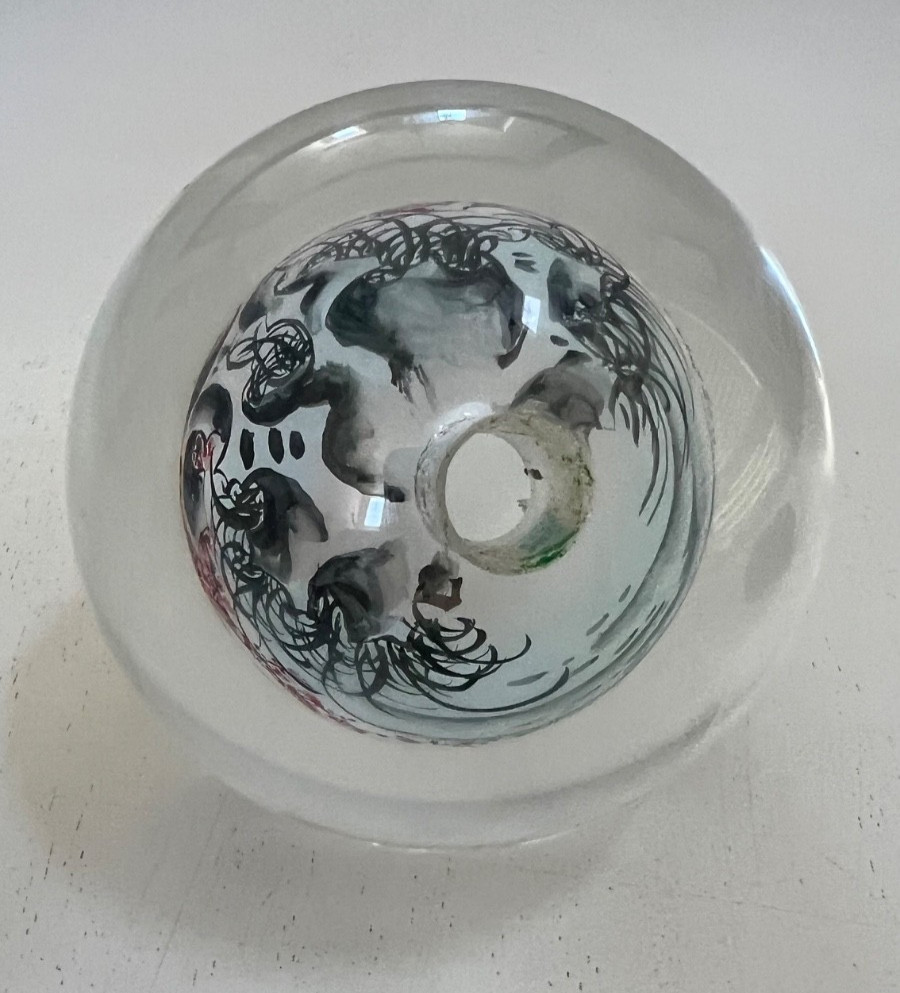 VINTAGE CHINESE HAND REVERSE PAINTED GLASS GLOBE SPHERE WOOD BASE BIRDS