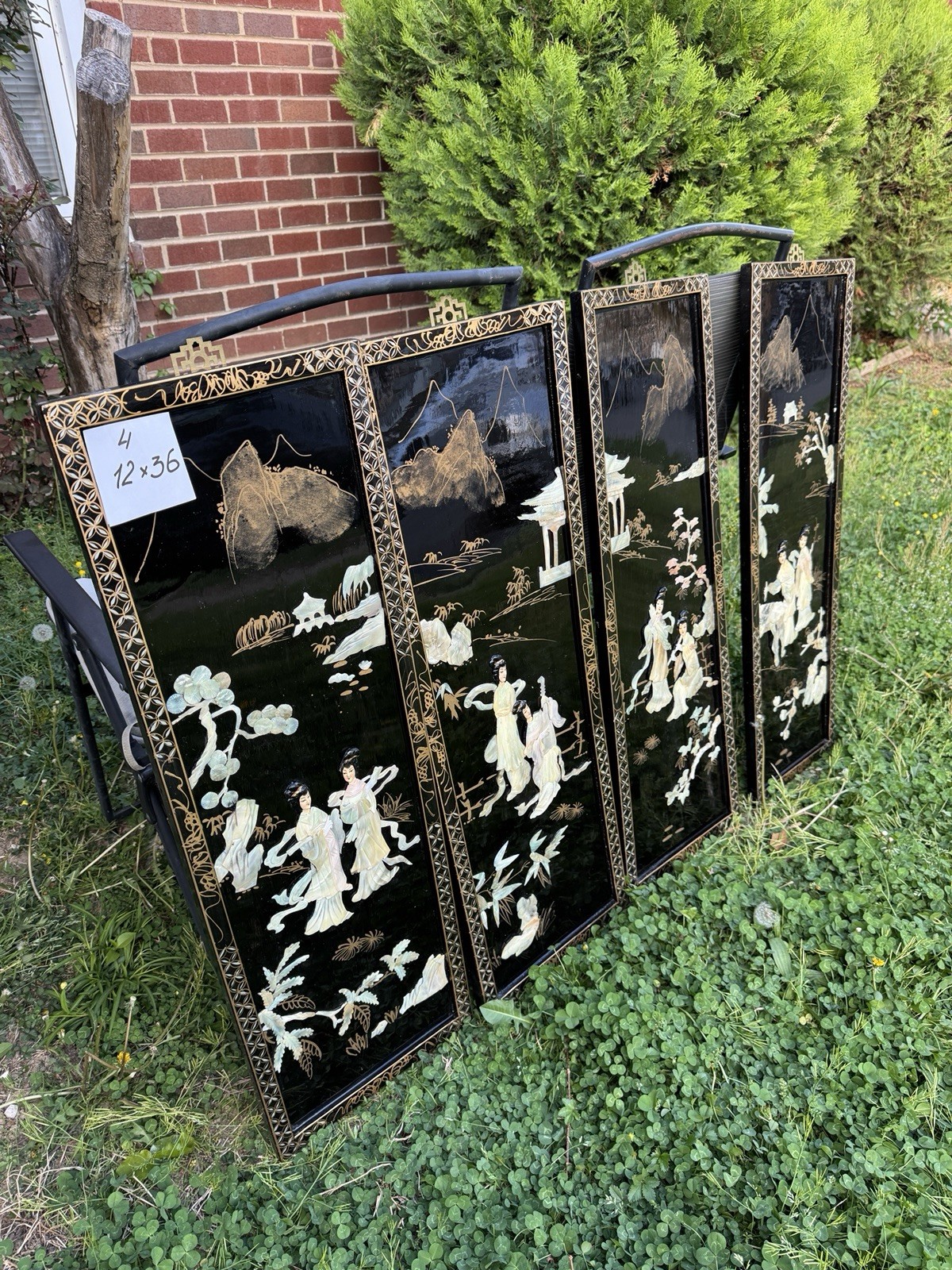 4 Vintage MCM Chinese Mother Of Pearl And Black Lacquer Panels 36 X 12