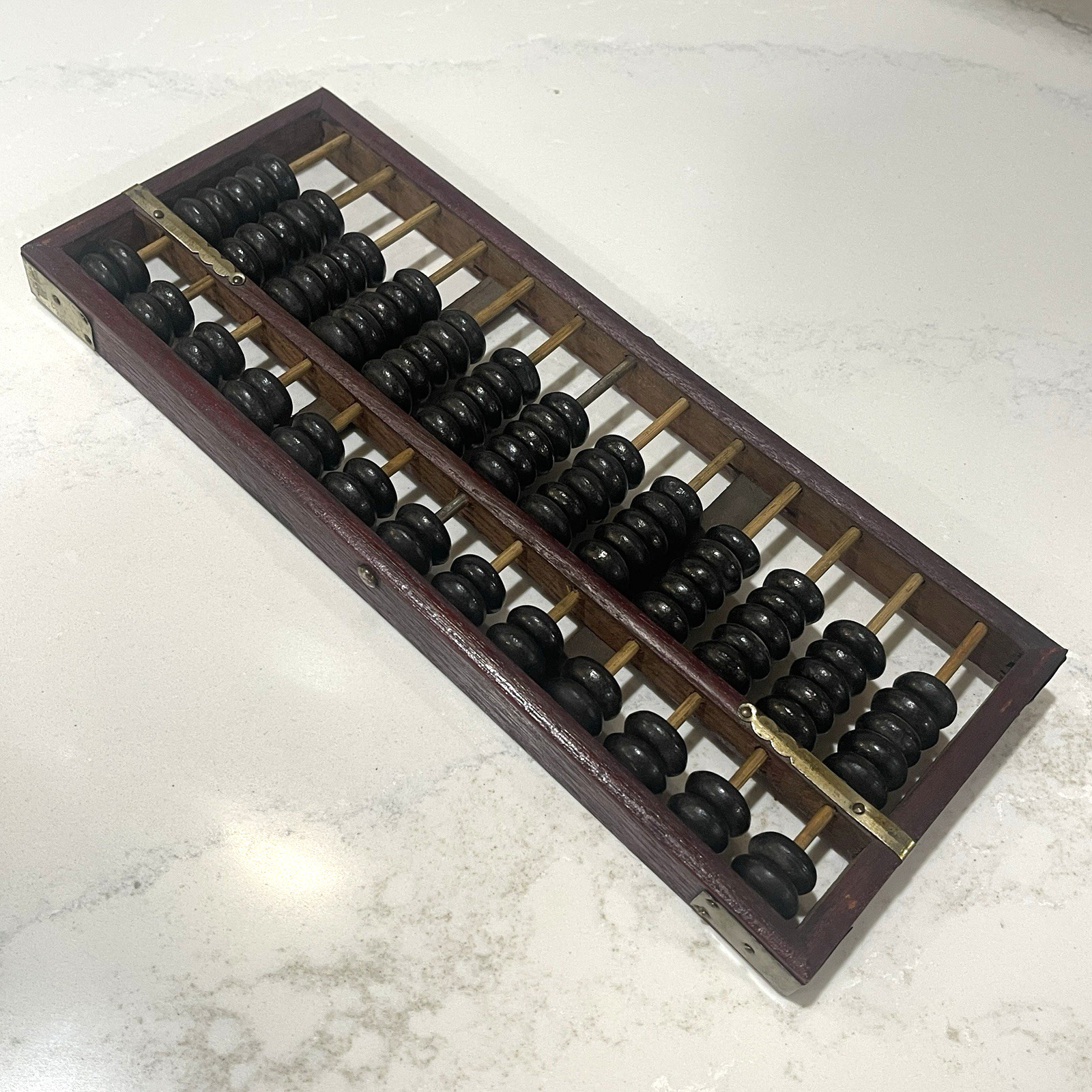 Vintage Abacus Brass Corners Chinese style Calculator Dark Wood 11 x 4.5 inch