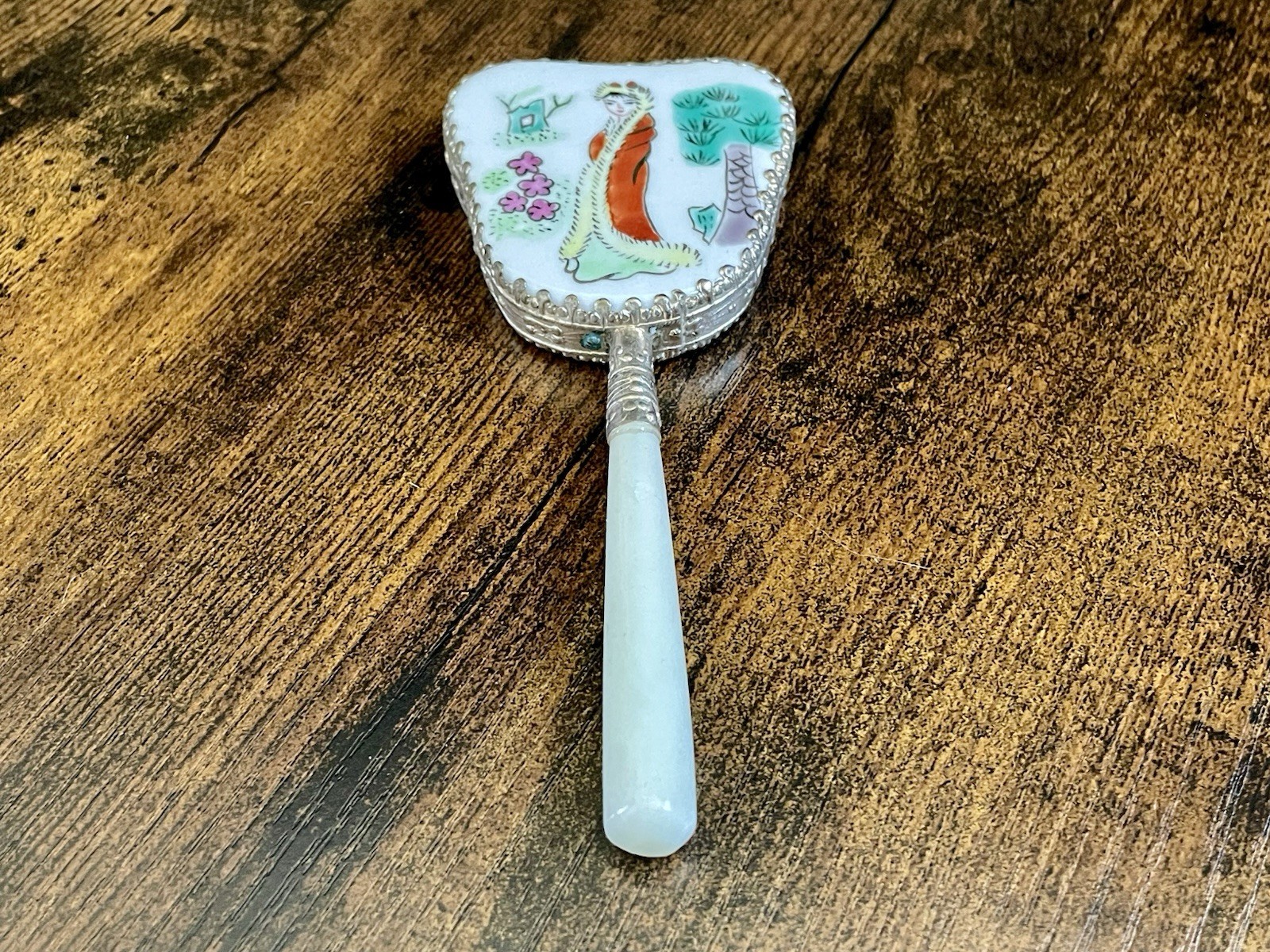 Vintage Mirror Asian Oriental Geisha Woman With Jade Handle Very Good Condition