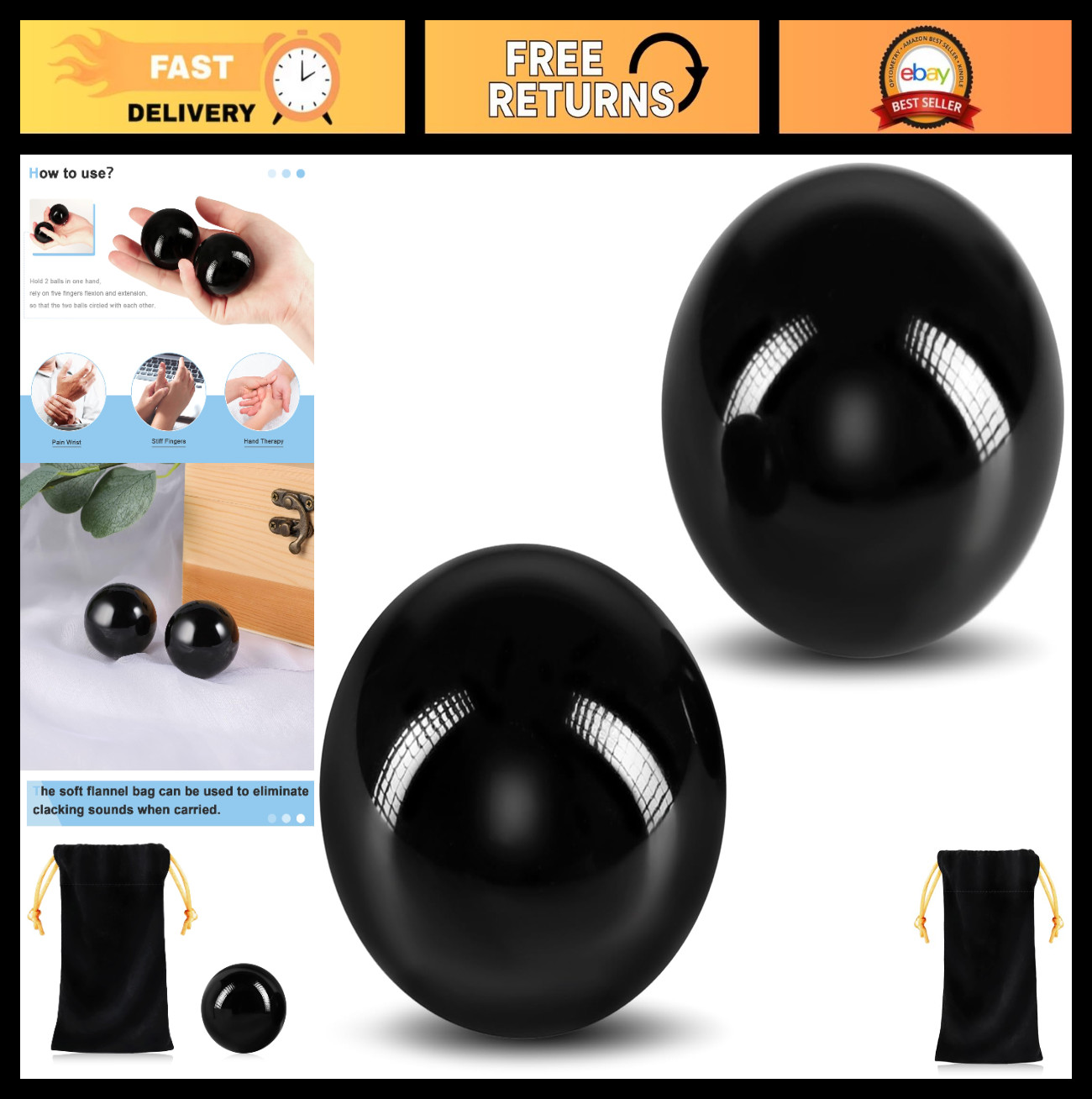 2 Pcs Black Obsidian Baoding Balls for Hand Therapy & Stress Relief – 1.57″ Mass
