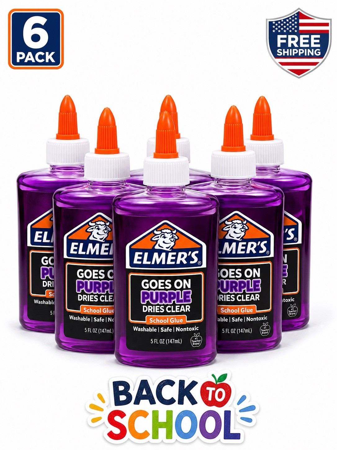 Back to School Elmer’s Purple School Glue 5 oz 6 Pack Goes On Purple Dries Clear