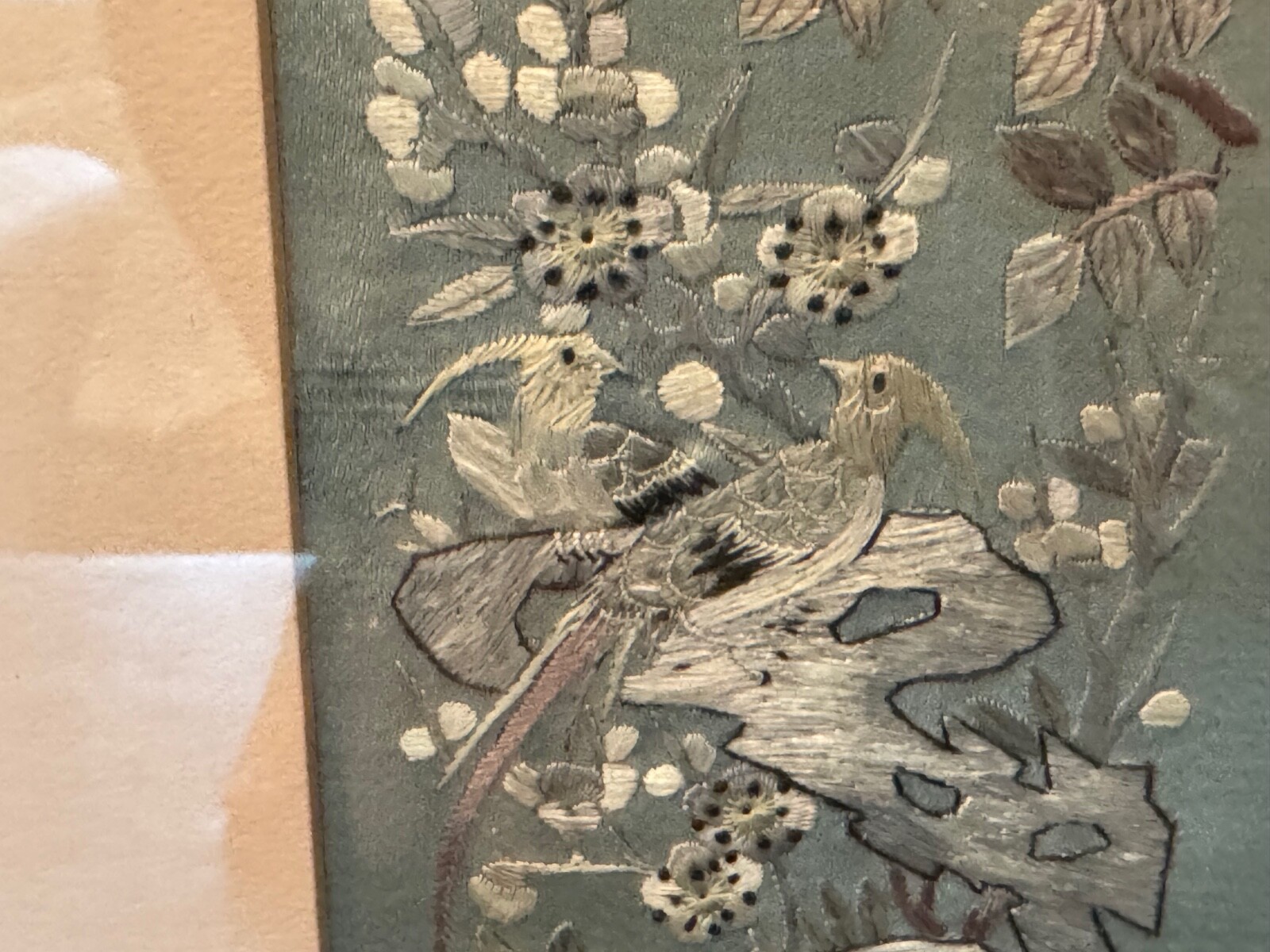 Vtg Antique Chinese Framed Silk Embroidered Textile Birds & Flowers Decoration