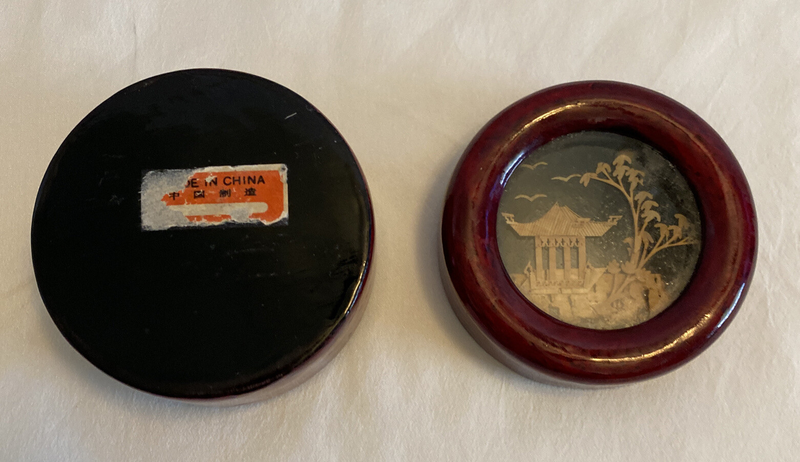 Vintage Wooden Trinket Box with Carved Cork Inlay in the Lid Lined with Red Silk