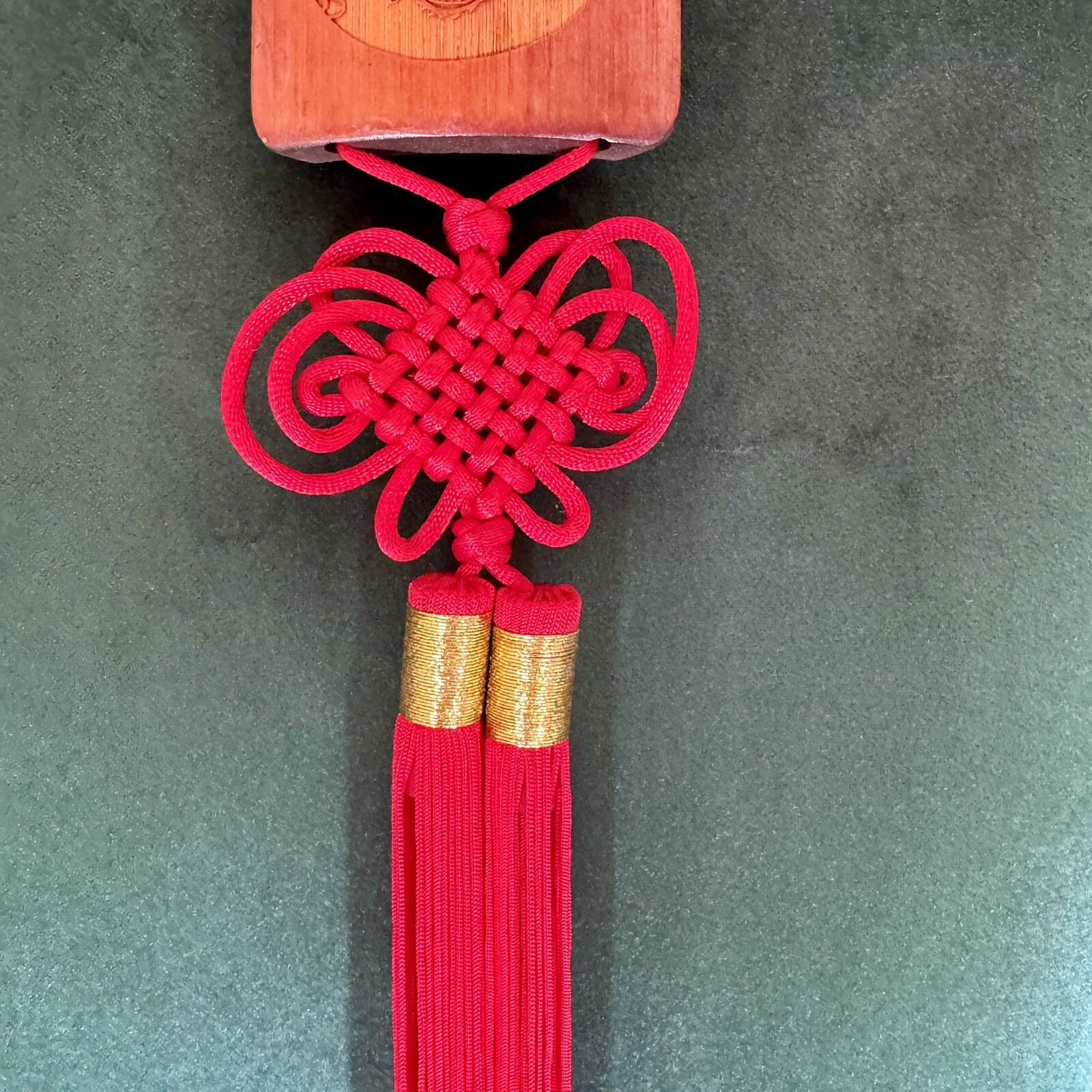 Chinese Hanging Art With dragon Wood & Red Tassel 31” Long Oriental