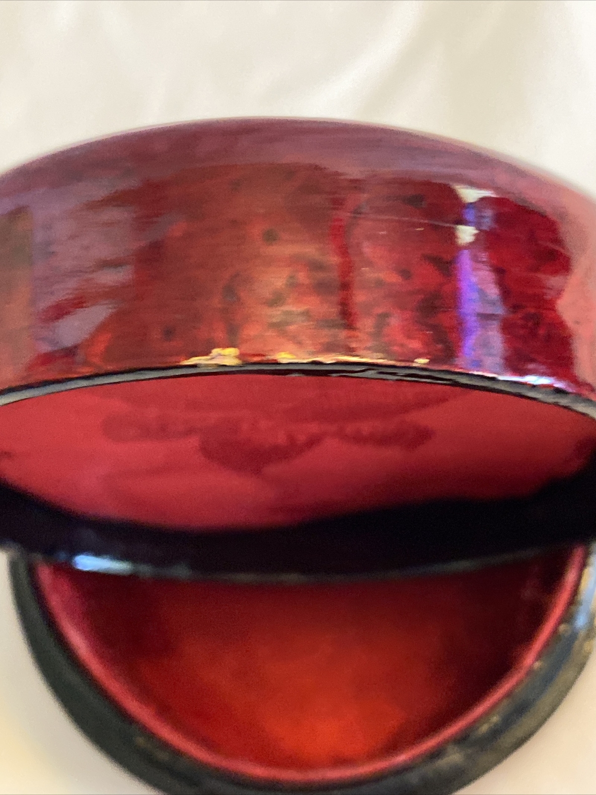 Vintage Wooden Trinket Box with Carved Cork Inlay in the Lid Lined with Red Silk