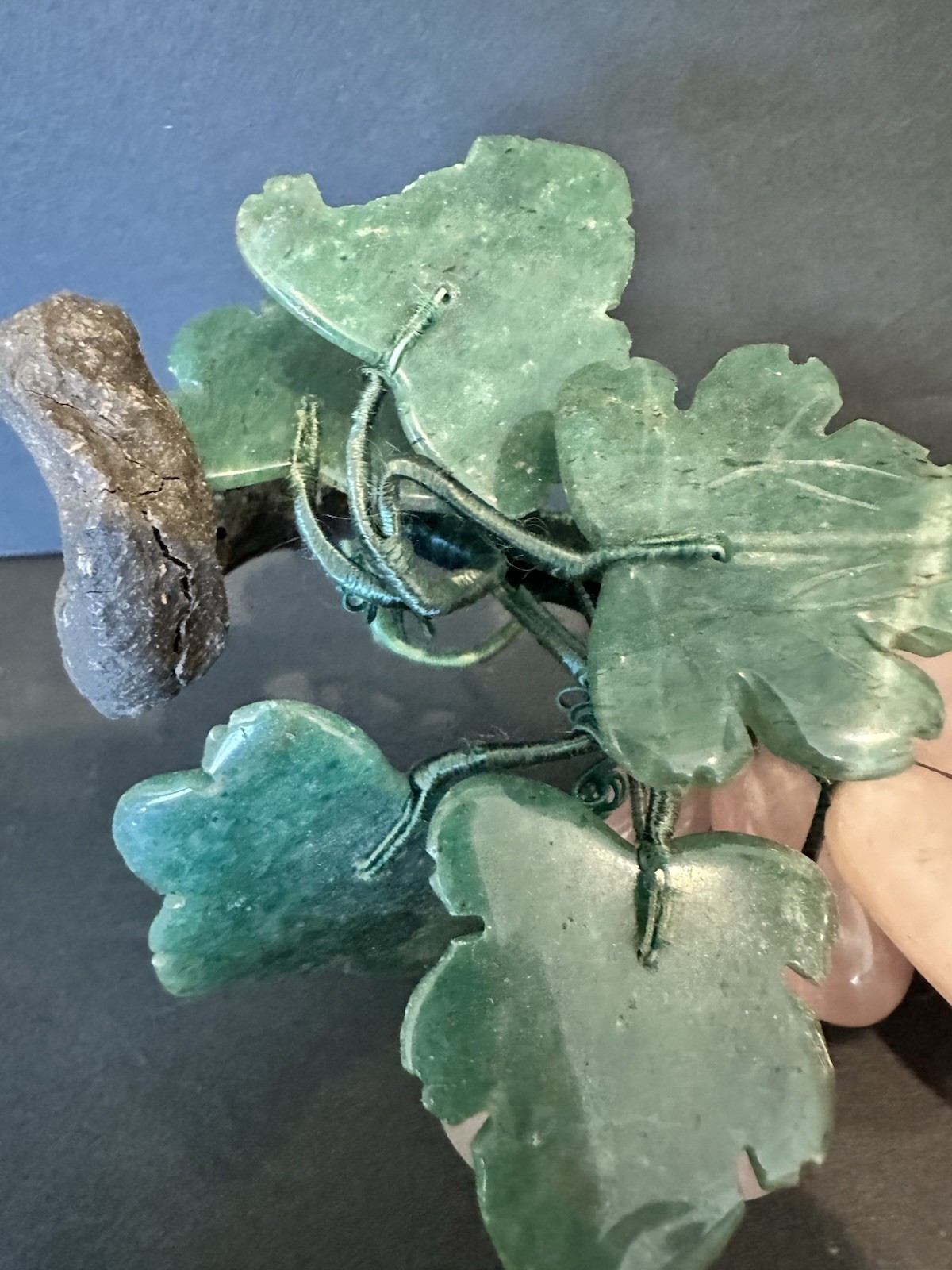 Grape Cluster With Pink Rose Agate Quartz Carved Jade Leaves Pink MCM 1950s
