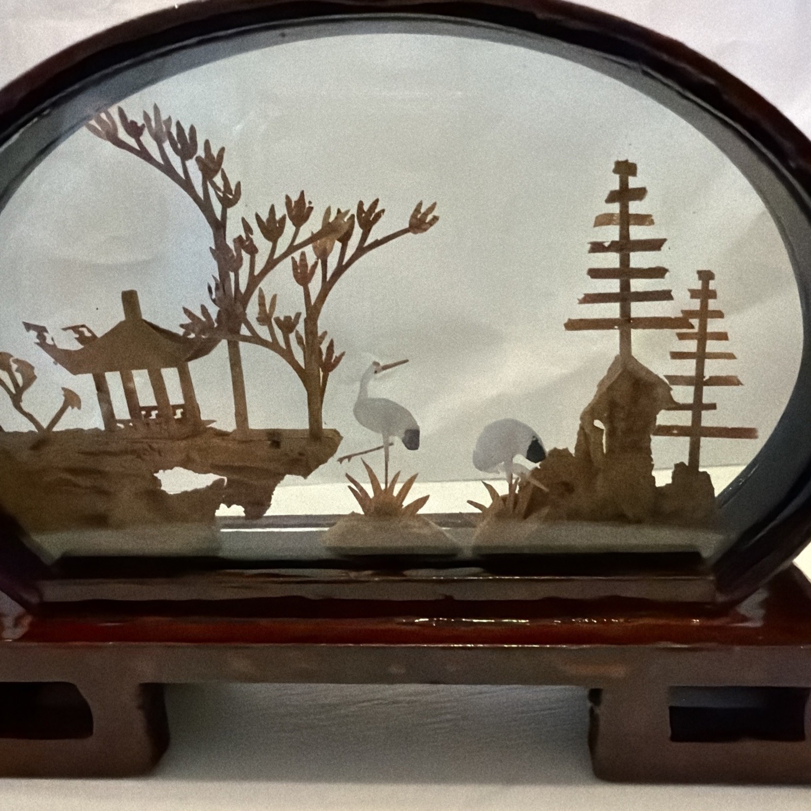 Carved Cork Diorama Asian Oriental 3D Art Miniature Cranes Vintage 6”x4.5”x1.5”