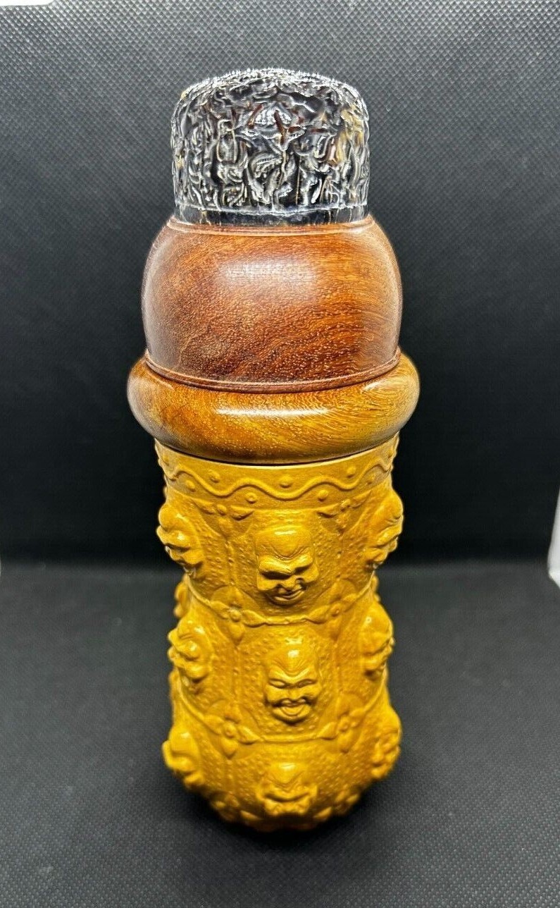 Rare Design Classic Chinese Monk Faces Cricket Container w/Special Carved Cover