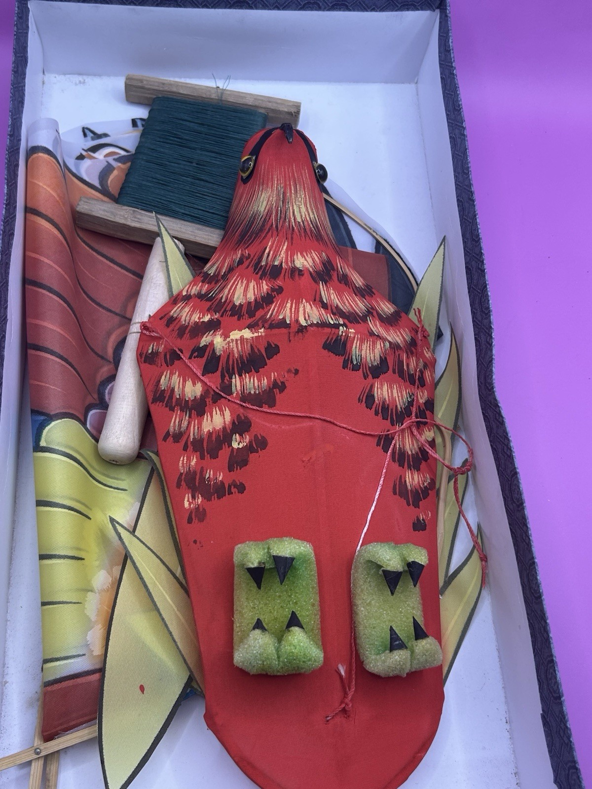 Vintage Chinese Silk & Bamboo Bird of Prey Kite with Box 36″ wingspan Rare Red
