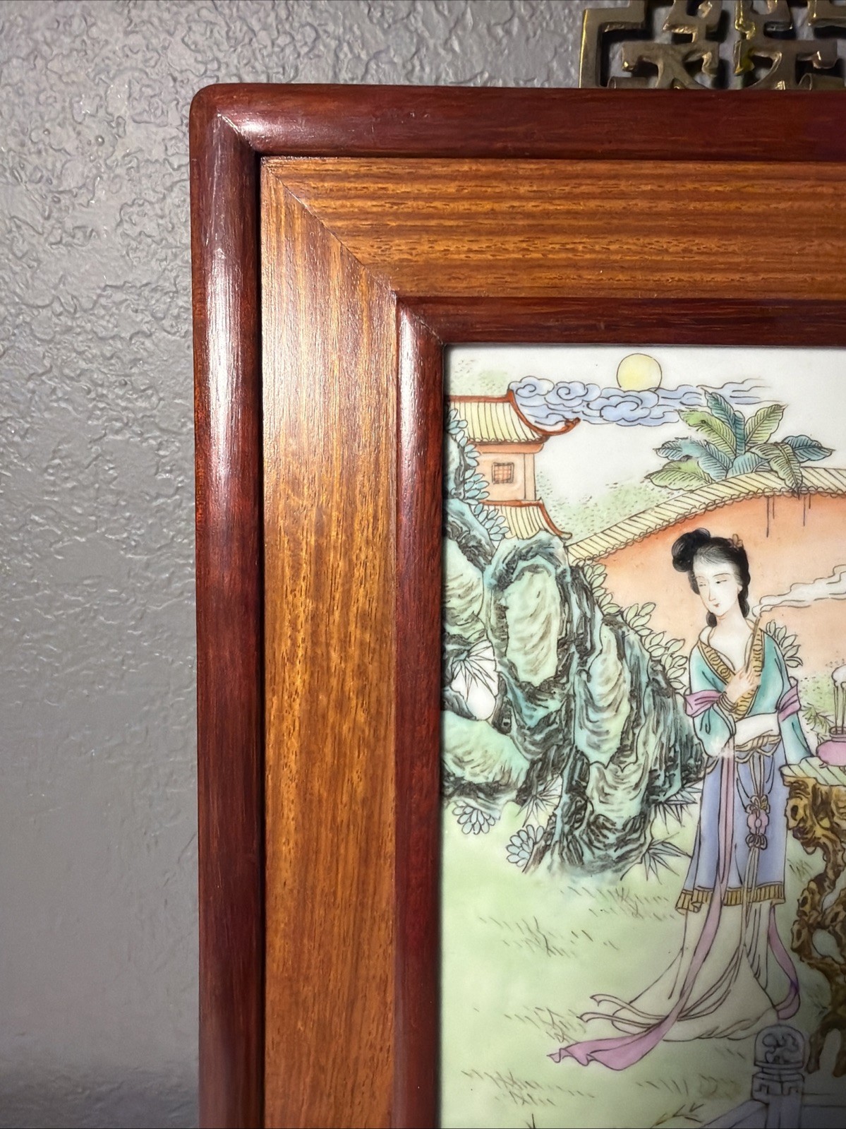 Vtg Chinese Porcelain Painting Interior Scene Plaque Republic Period 1940’s