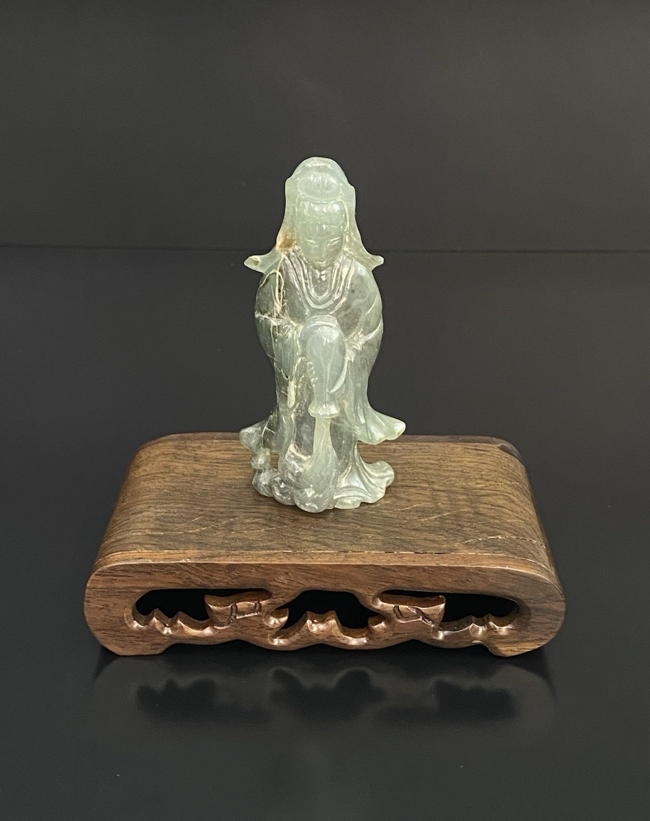 Antique Chinese Carved Quan Yin Icy Greyish Green Translucent Jade Figure Statue