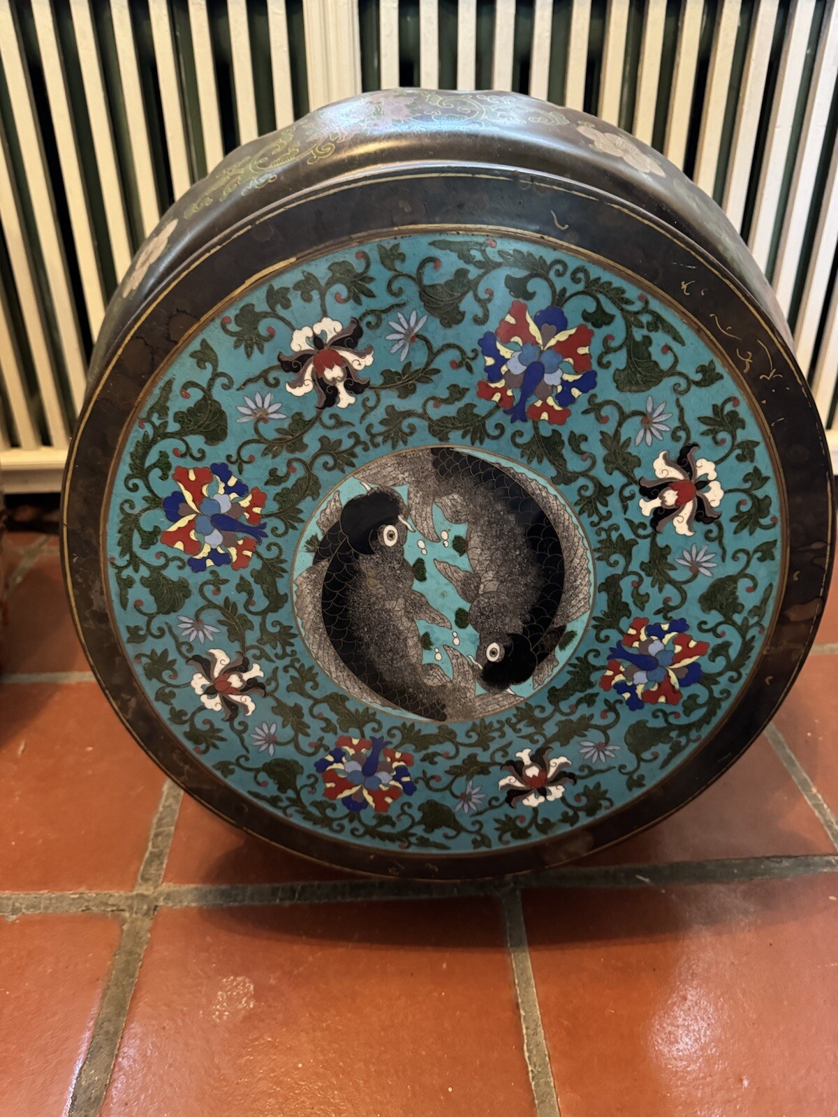 Antique Chinese Cloisonne Top Round Jardiniere Stand Two Fish Motif