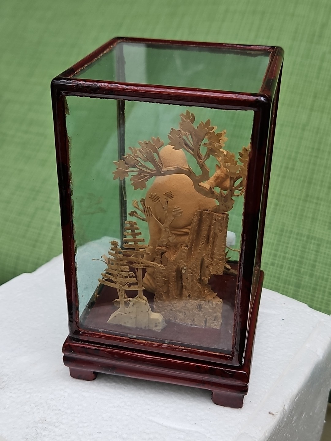 Chinese Cork Diorama Asian Crane Trees Vintage Art Carved Shou Xing Longevity 5″