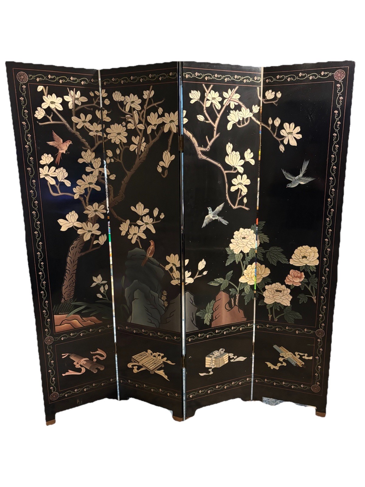 Vintage CHINESE 4 PANEL Coromandal BLACK LAQUERED SCREEN Early 1900’s