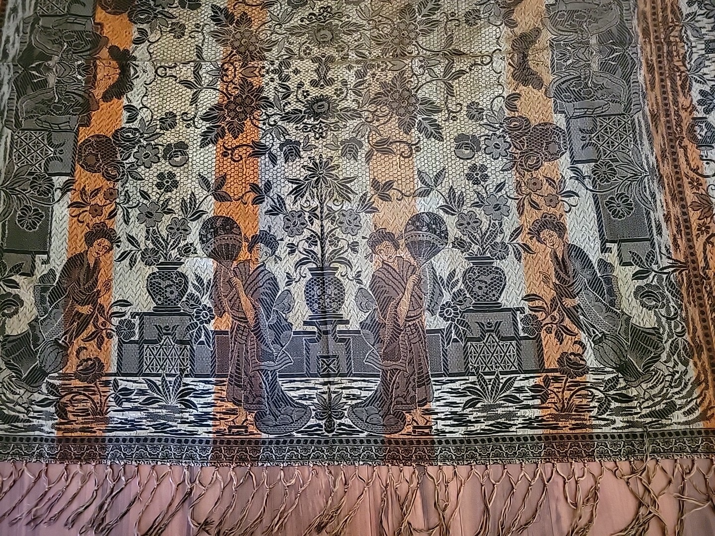 Vintage Asian Brocade Floral Silk Tapestry Bedcover Fringe Double Sided