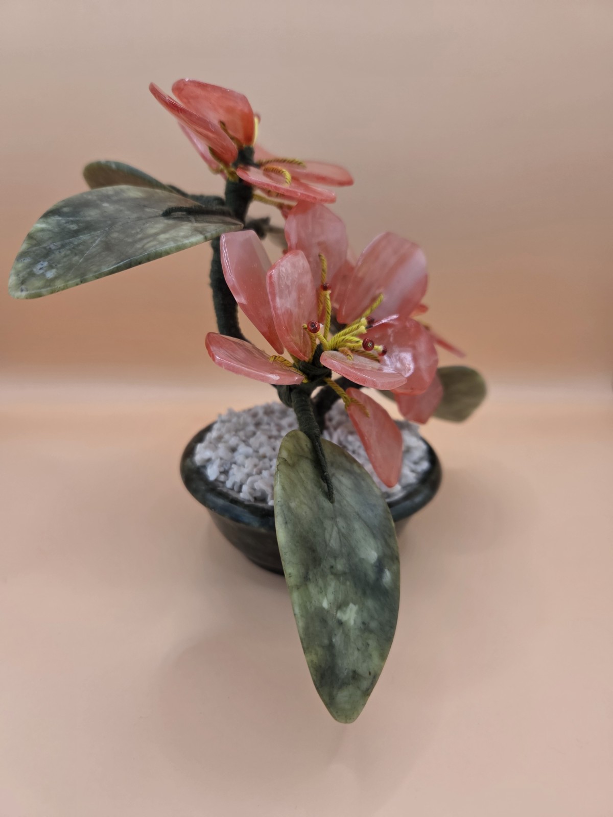 Vintage Oriental Asian Carved Jade Flower Bonsai Tree